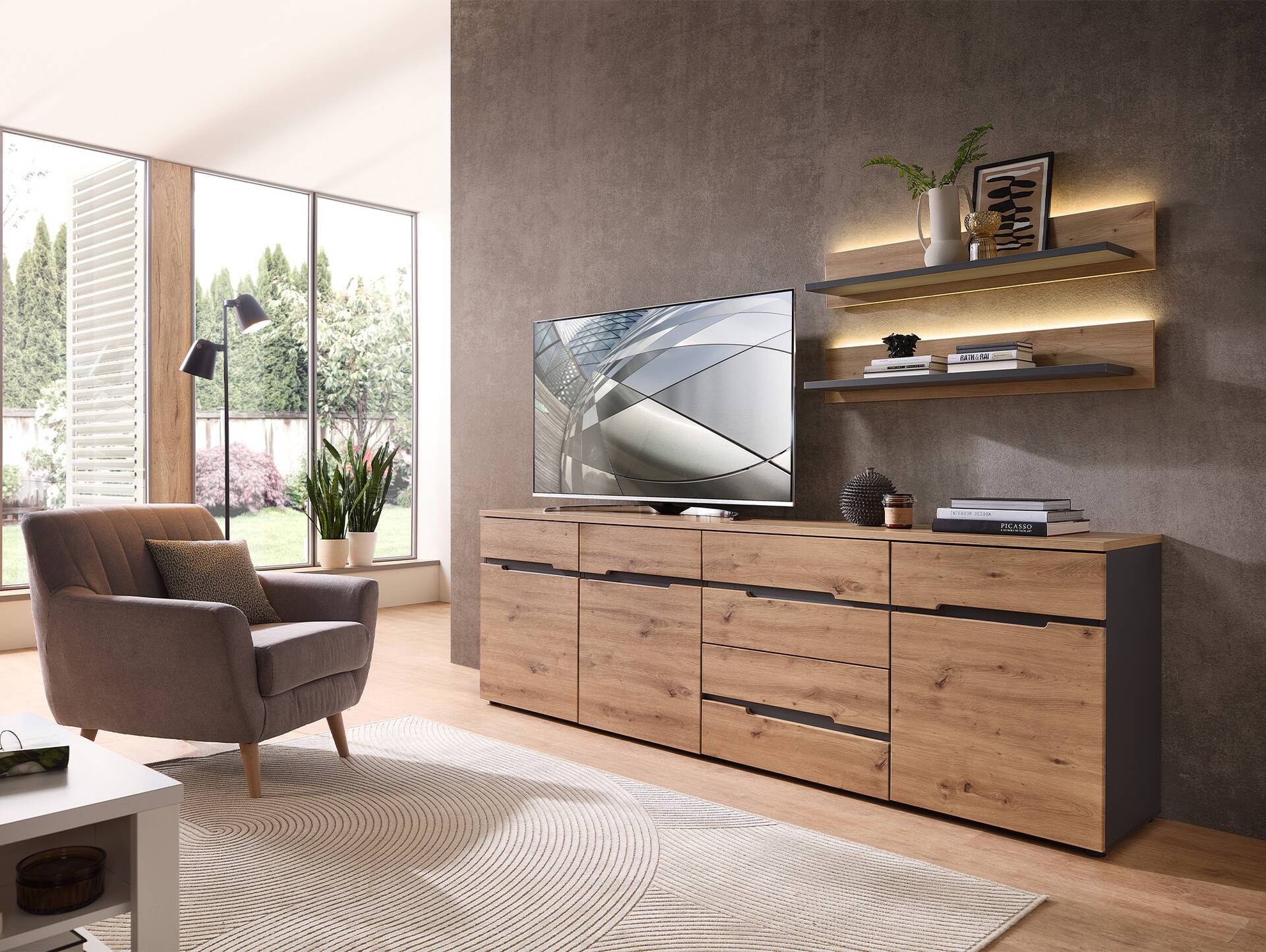 MAILAND TV-Sideboard, Material Dekorspanplatte Artisan eichefarbig / Graphit