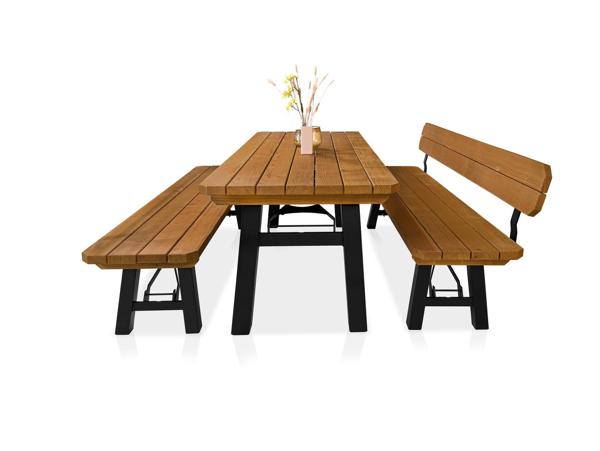 AMMERSEE Gartengarnitur - höhenverstellbar, rustikale Altholzoptik, Material Massivholz/Metall, Thermo-Fichte 200 x 60 cm | Außenbereich | mit/ohne Rückenlehne