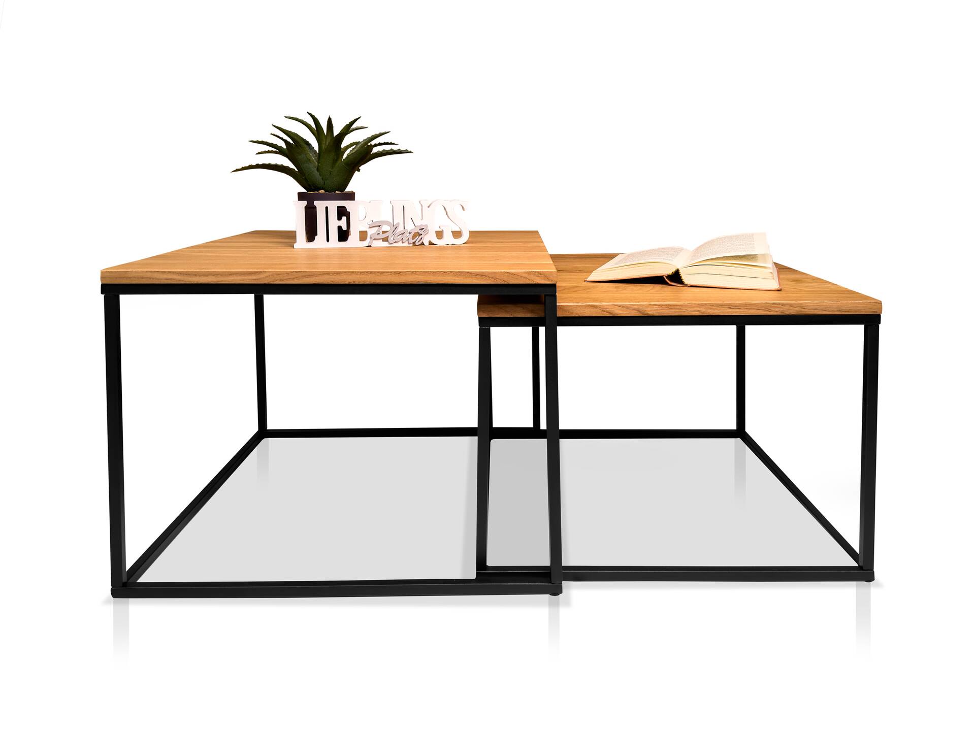 BINTO 2-er Set Beistelltische, Material Massivholz/Metall, Eiche geölt/schwarz 