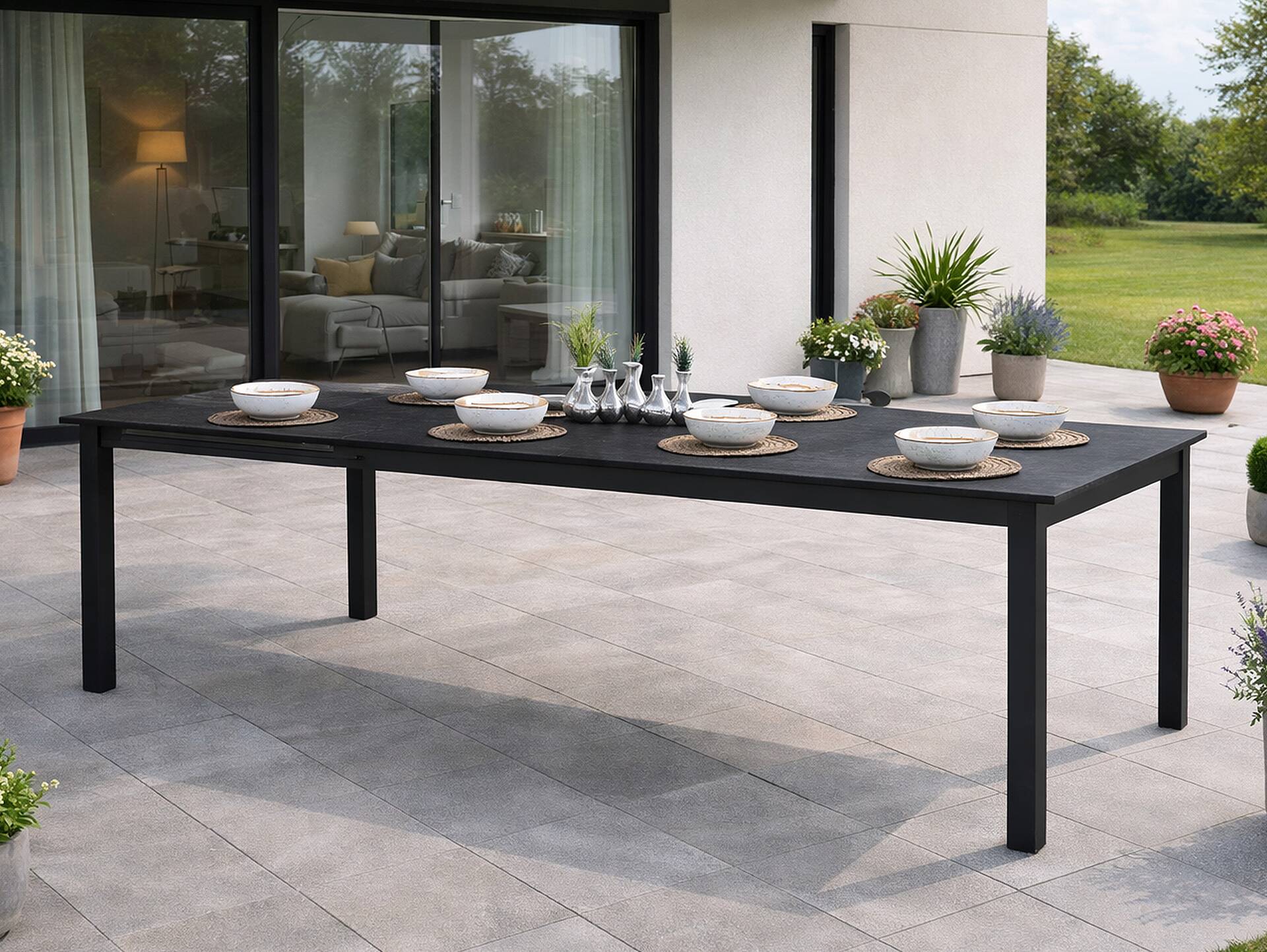 MONTARO XL Gartentisch ausziehbar, Material HPL / Metall, 210/300x100 cm Dunkelgrau