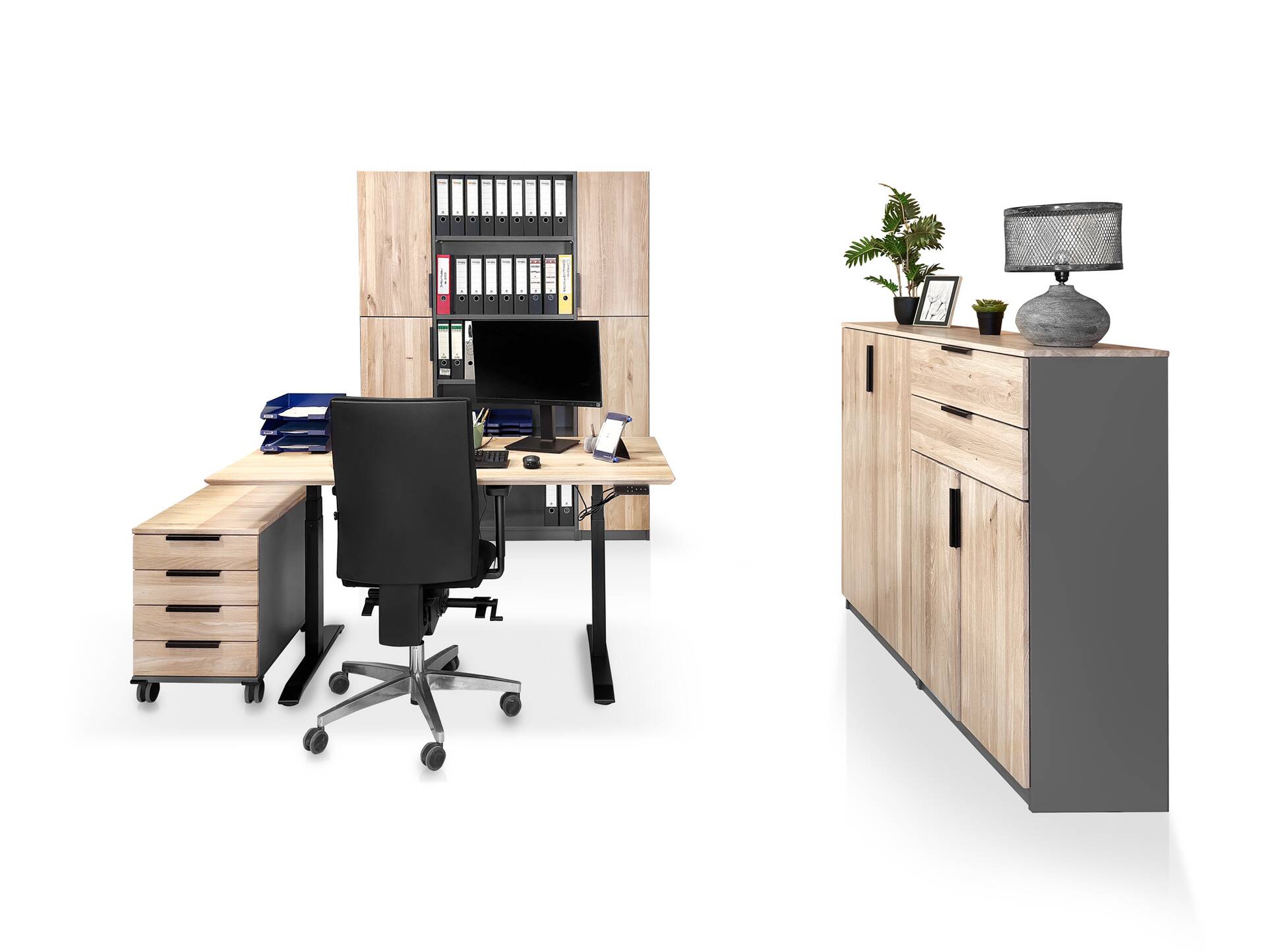 OFFICE OAK Komplettbüro I, Material teilmassiv, Eiche/graphitfarbig 