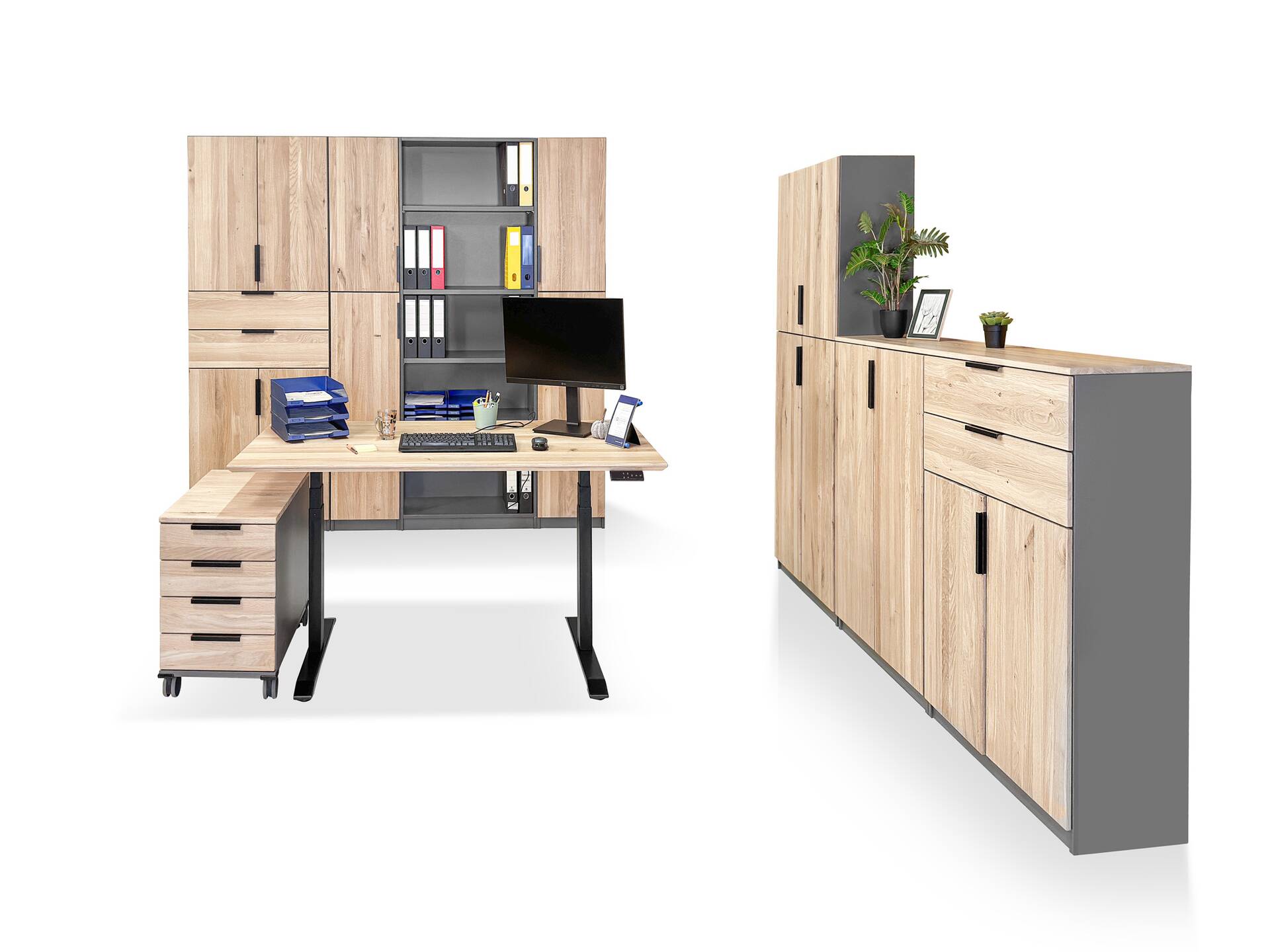 OFFICE OAK Komplettbüro II, Material teilmassiv, Eiche/graphitfarbig 