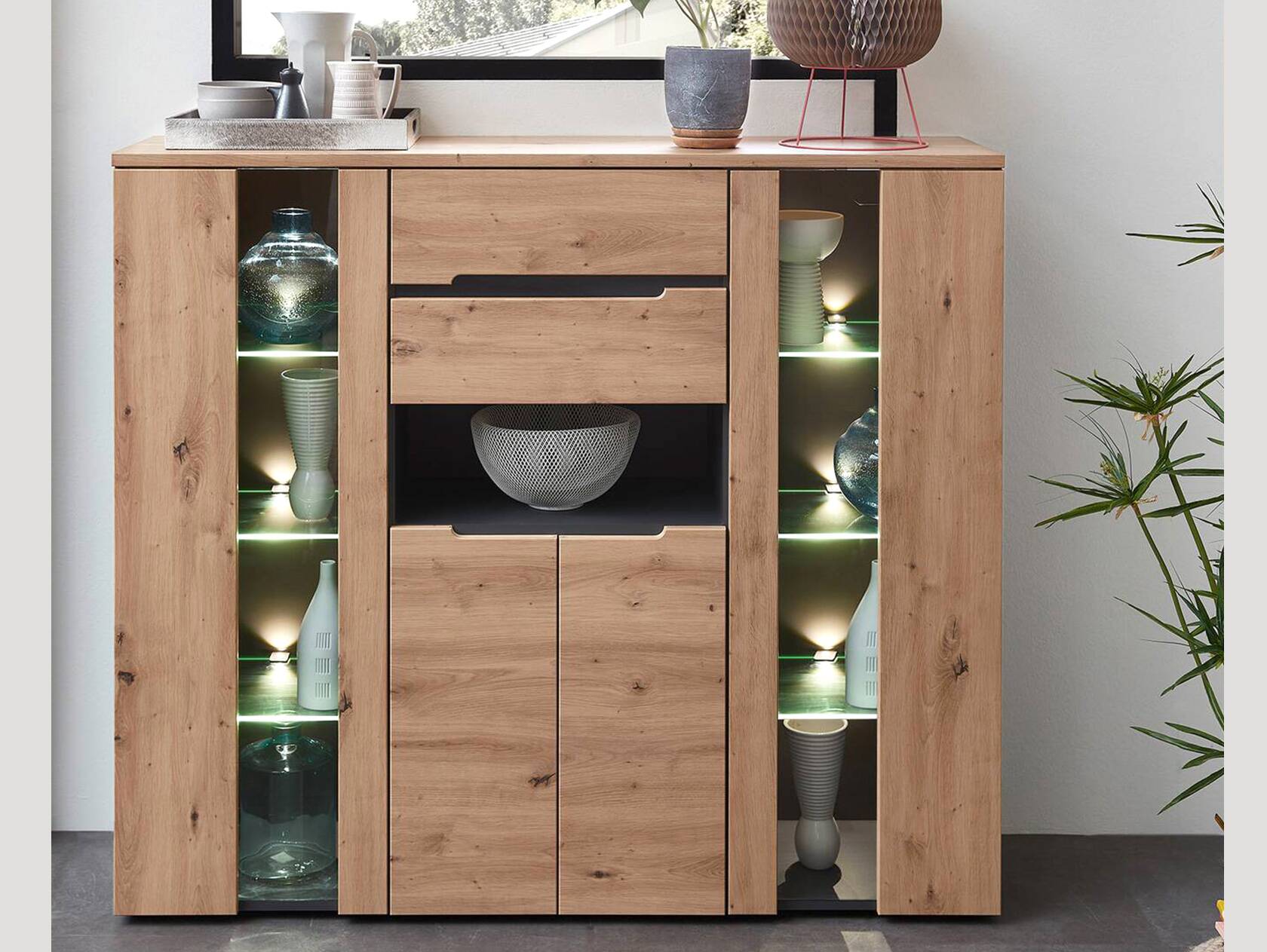 MAILAND Highboard, Material Dekorspanplatte Artisan eichefarbig / Graphit
