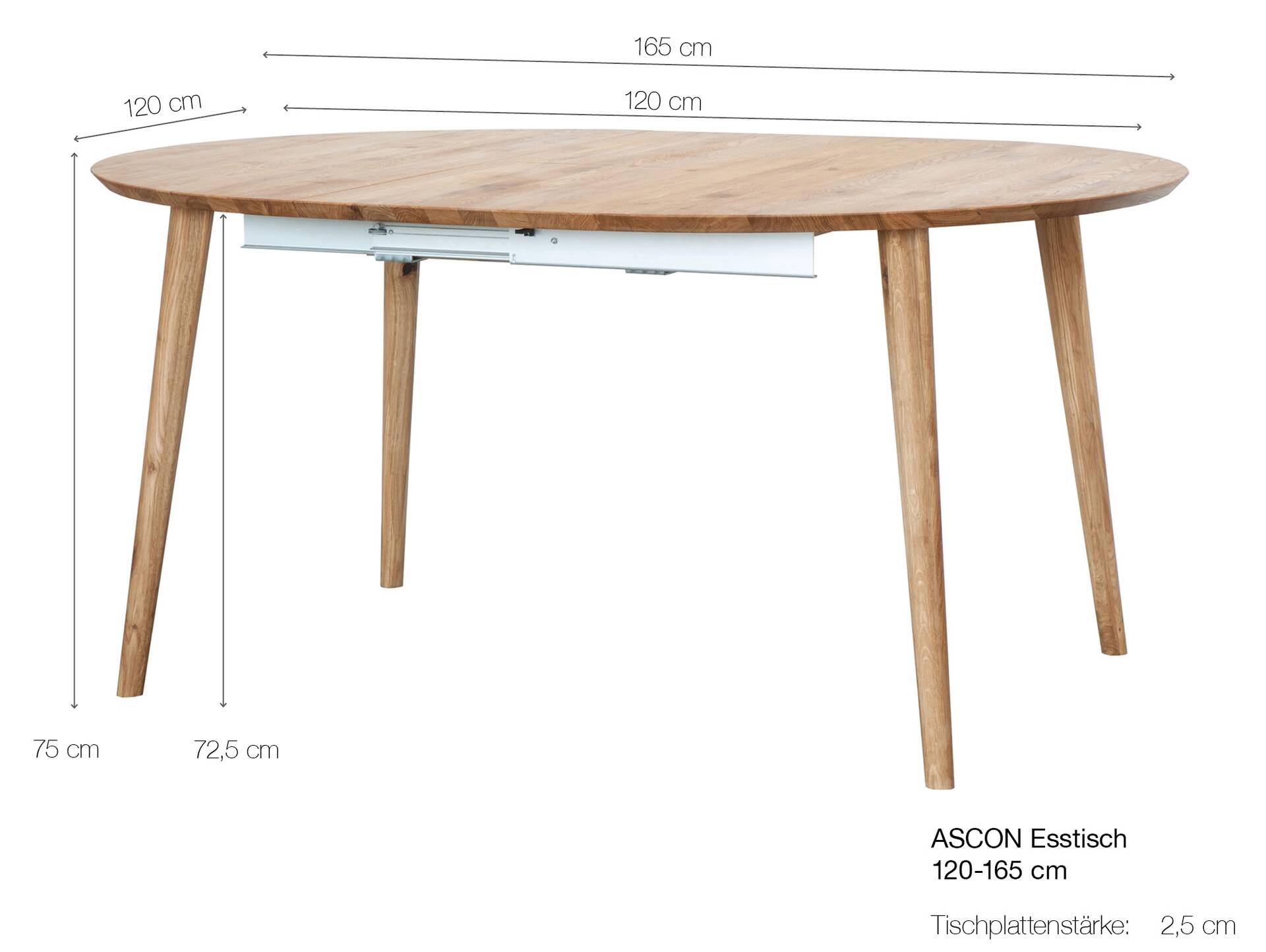 ASCON Esstisch XL / Ausziehtisch rund 120/165 cm, Material Massivholz, Wildeiche geölt 