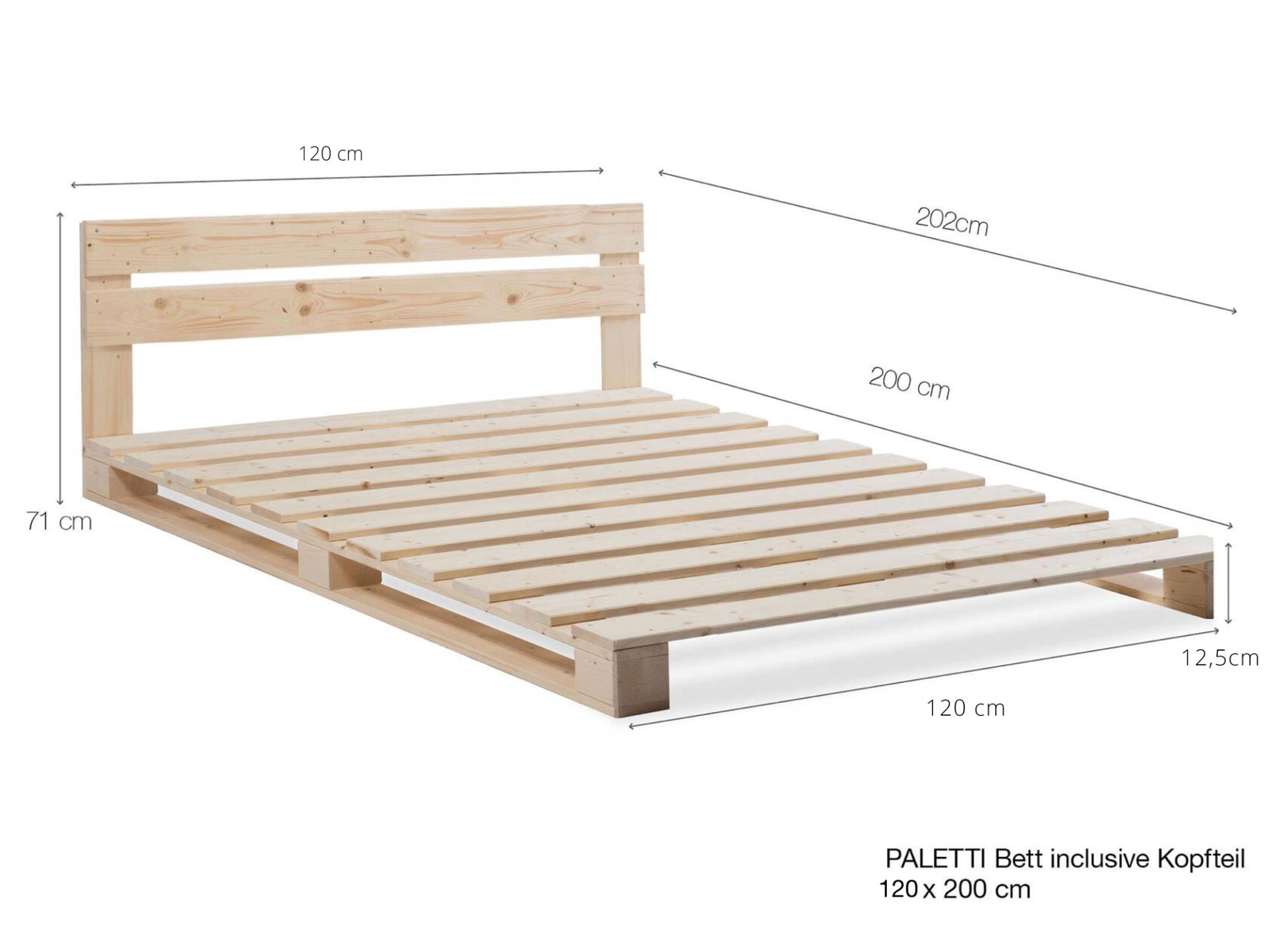 PALETTI Massivholzbett / Palettenbett inklusive Kopfteil 120 x 200 cm | Fichte natur