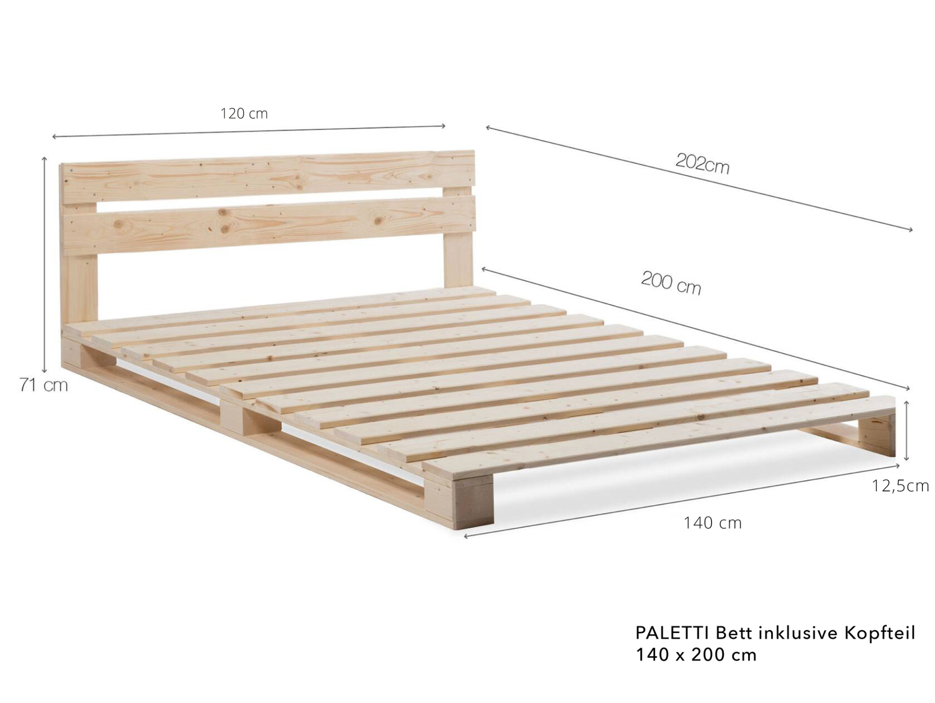 PALETTI Massivholzbett / Palettenbett inklusive Kopfteil 140 x 200 cm | Fichte natur