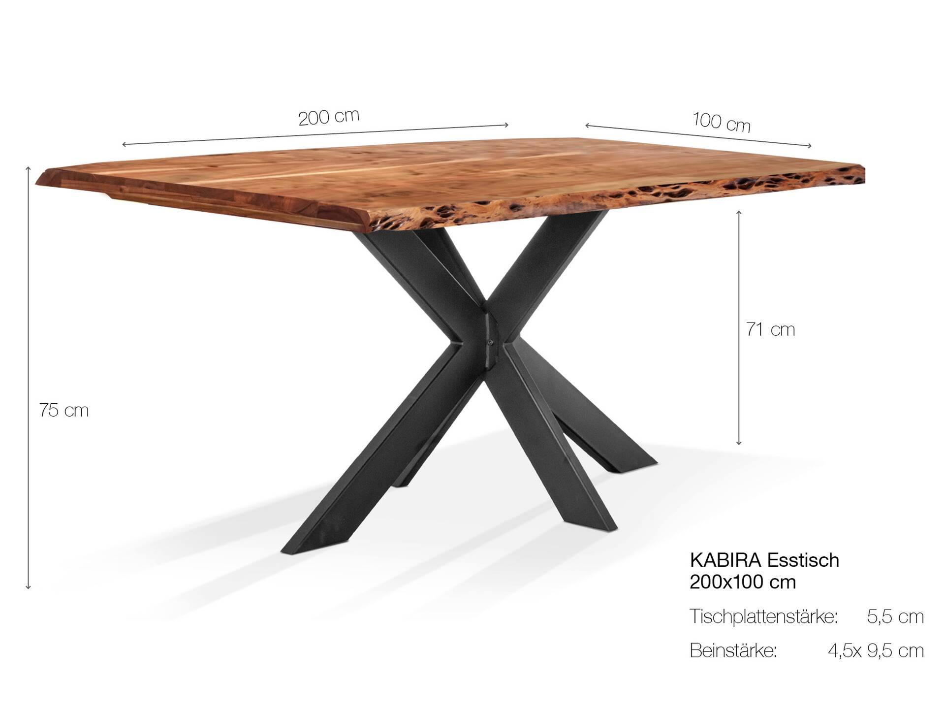 KABIRA III Massivholztisch, Akazie/Metallgestell Doppel-X 200 x 100 cm
