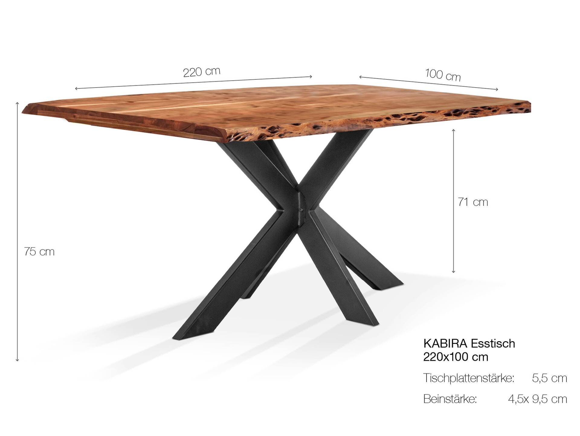 KABIRA III Massivholztisch, Akazie/Metallgestell Doppel-X 220 x 100 cm