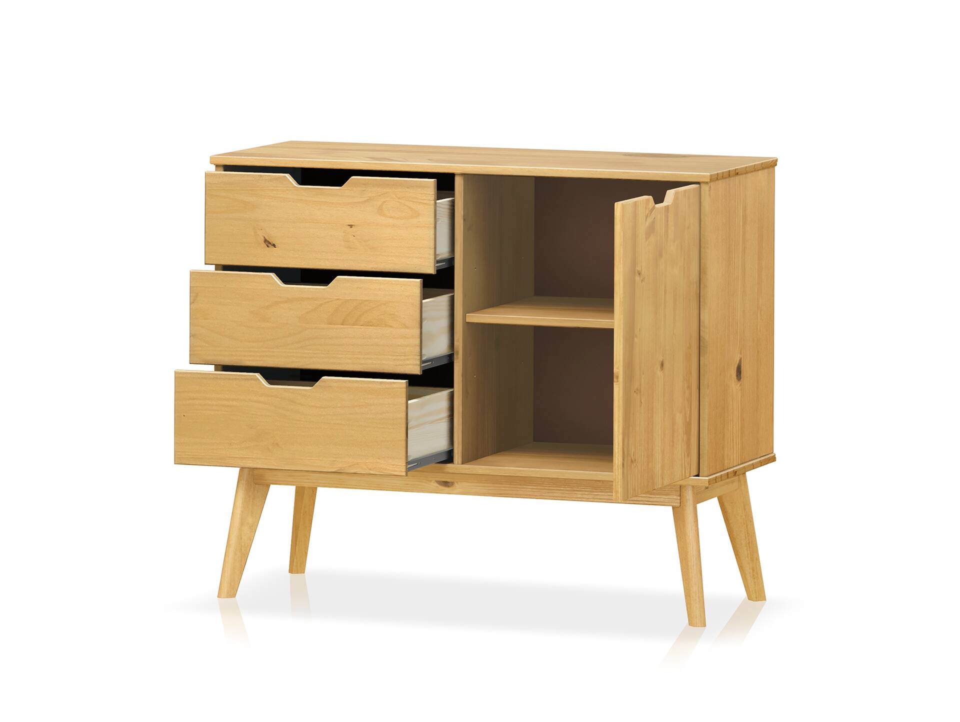 BARNY Kommode 1 Tür + 3 Schubkästen, Material Massivholz, Kiefer Kiefer gewachst