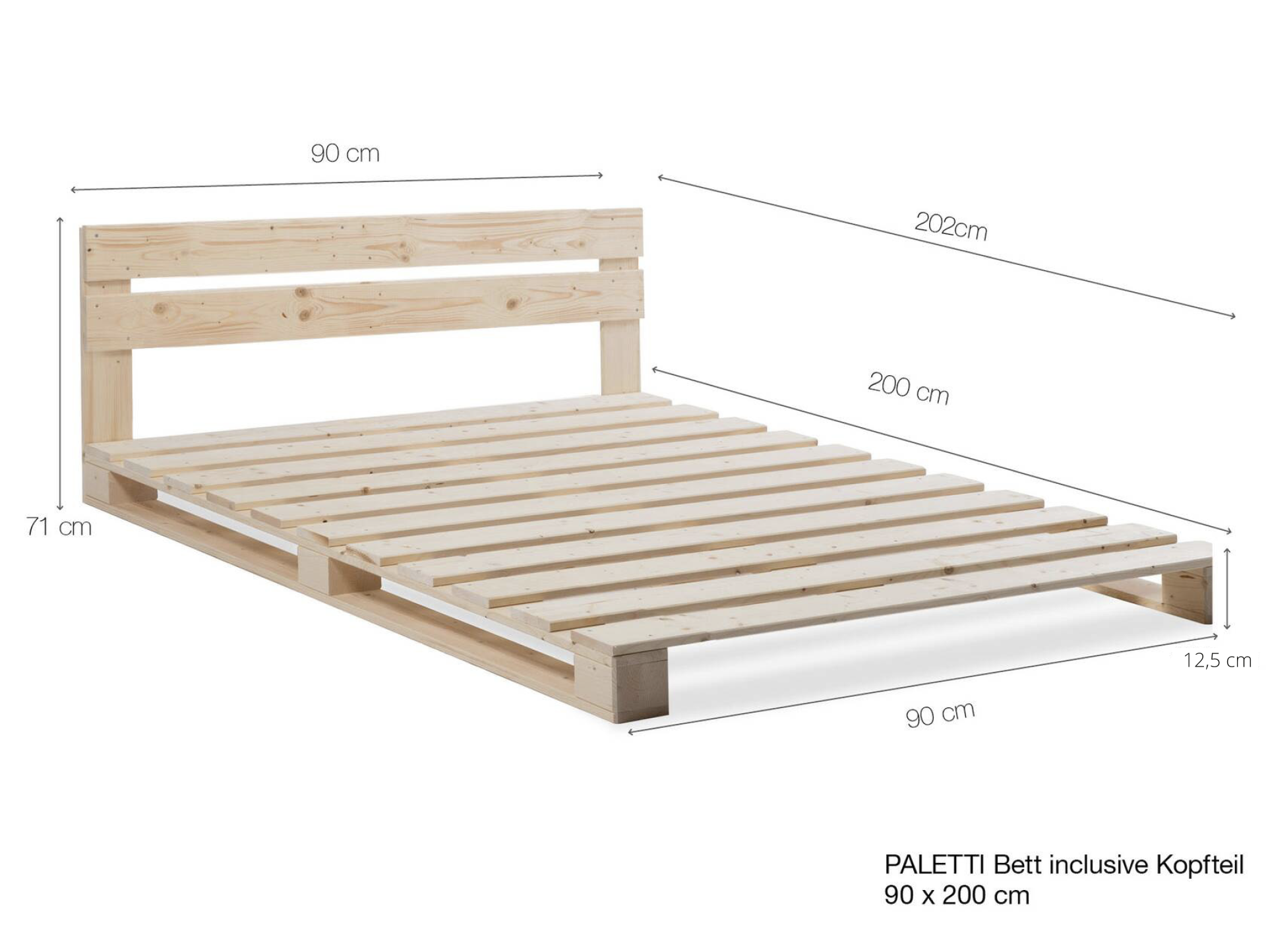 PALETTI Massivholzbett / Palettenbett inklusive Kopfteil 90 x 200 cm | Fichte natur