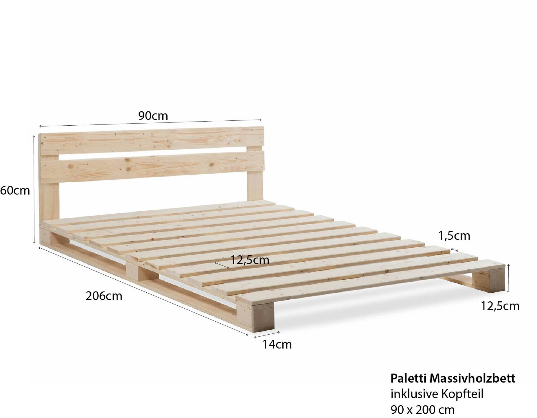 PALETTI Massivholzbett / Palettenbett inklusive Kopfteil 90 x 200 cm | Fichte natur