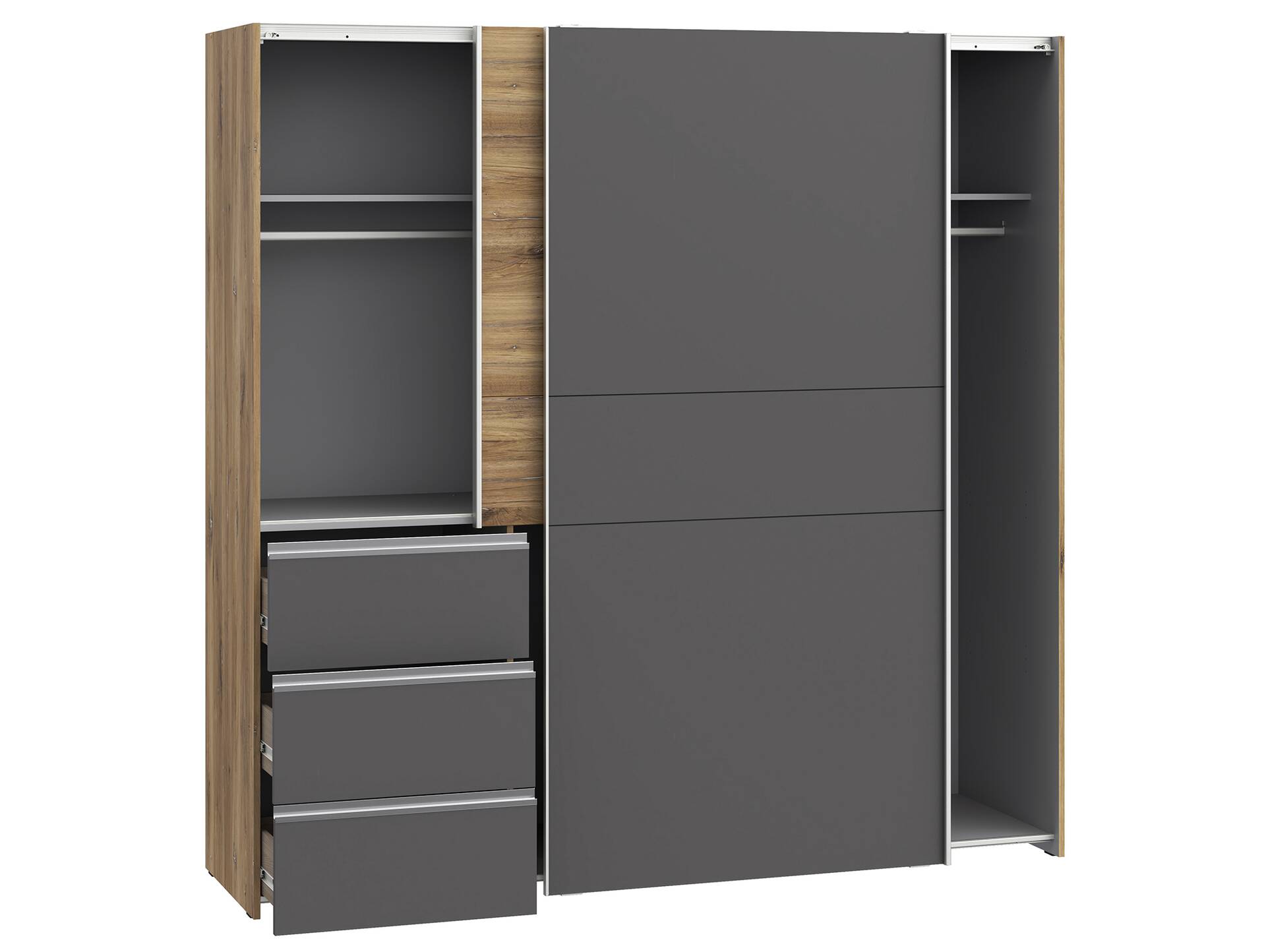 CESSANDRA Schwebetürenschrank, Material Dekorspanplatte Flagstaff eichefarbig / dunkelgrau