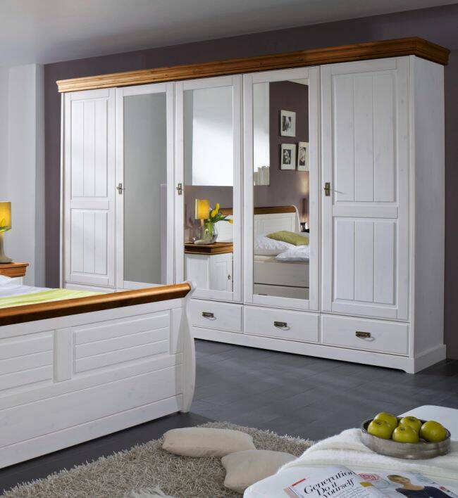 ROMAN Komplett-Schlafzimmer; Material Massivholz, Kiefer weiss/honigfarben | ohne Bettkasten