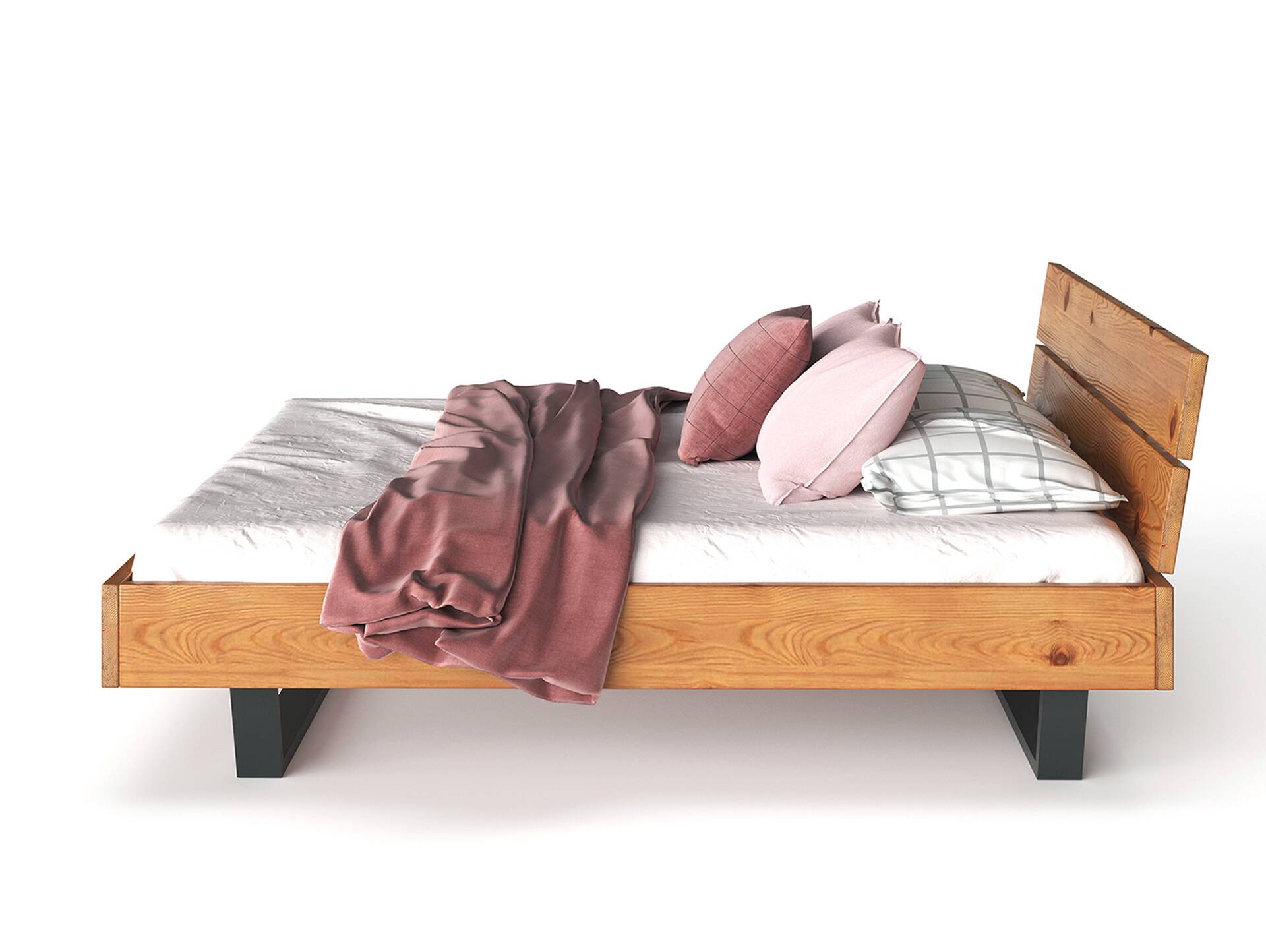 CURBY Kufenbett mit Kopfteil, Material Massivholz, rustikale Altholzoptik, Fichte, Kufen schwarz 180 x 200 cm | natur