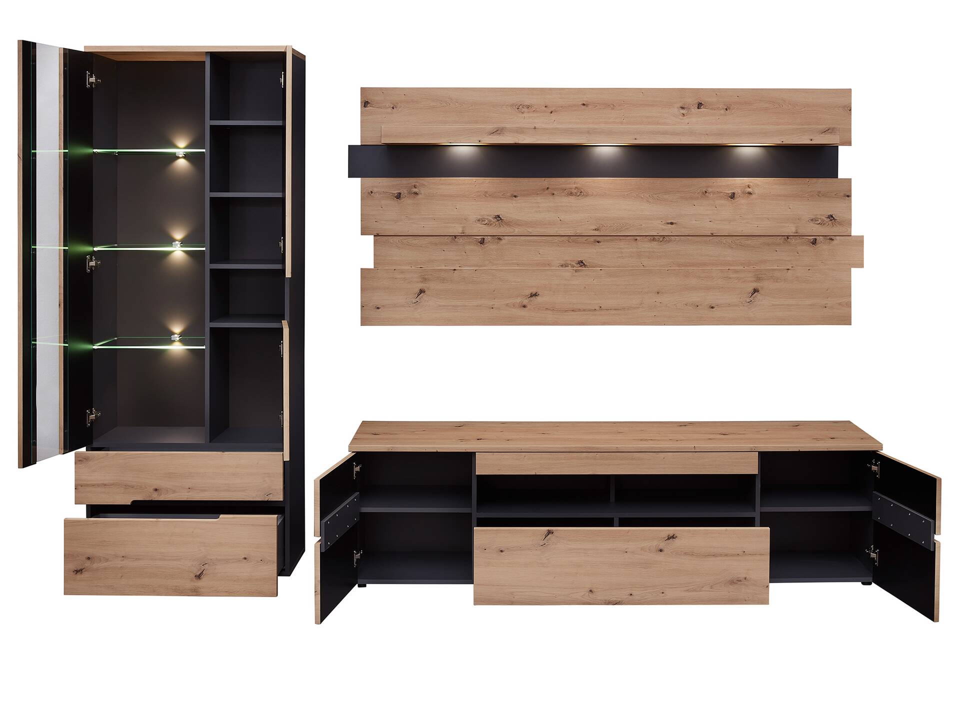MAILAND Vitrine, Material Dekorspanplatte Artisan Eichefarbig / Graphit