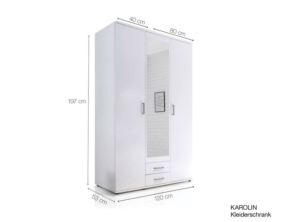 KAROLIN Kleiderschrank 3trg mit Spiegel, Material Dekorspanplatte, weiss 