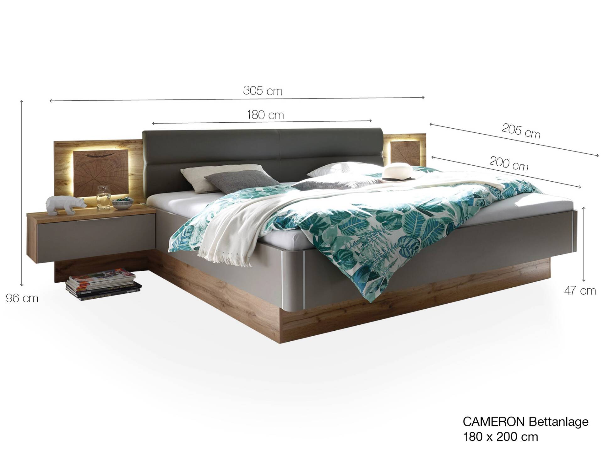CAMERON Bettanlage inkl. Nachtkommoden, Material MDF, wildeichefarbig eichefarbig/weiss