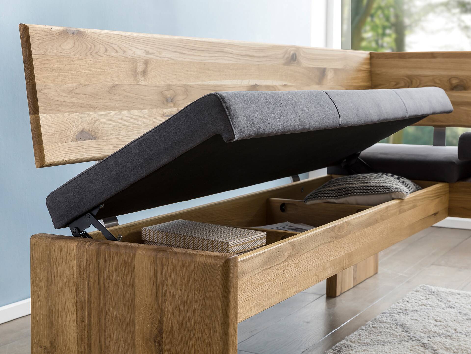 BERGAMO Sitzbank/Truhenbank aus Eiche, Material Massivholz/Bezug Mikrofaser 130 cm | ohne Rückenlehne | grau