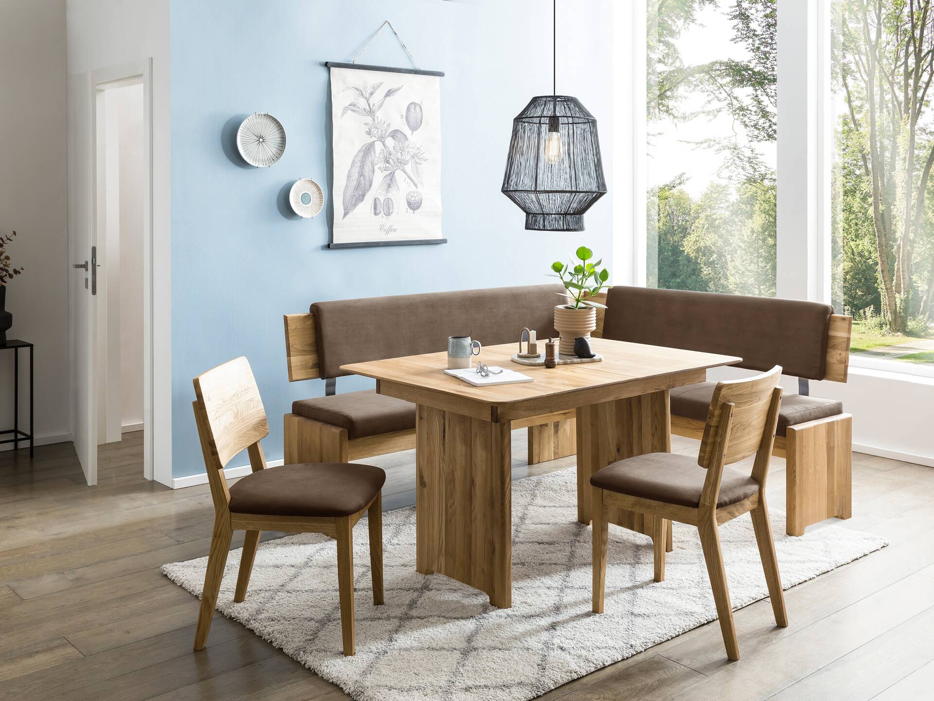 BERGAMO Esstischstuhl aus Eiche, Material Massivholz/Bezug Mikrofaser braun