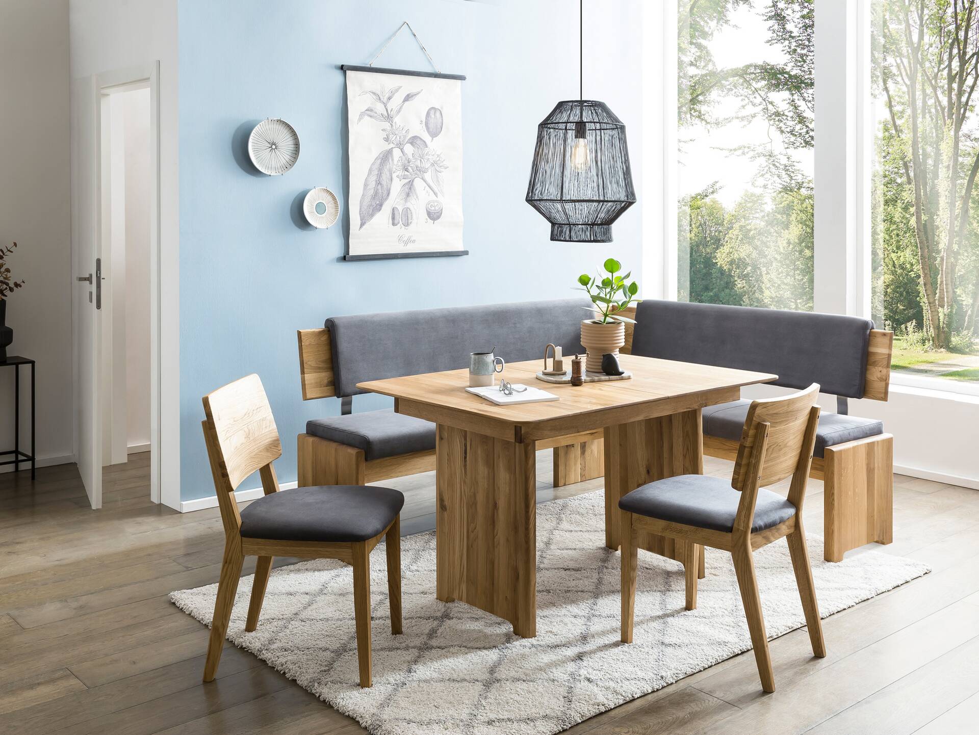 BERGAMO Esstischstuhl aus Eiche, Material Massivholz/Bezug Mikrofaser grau