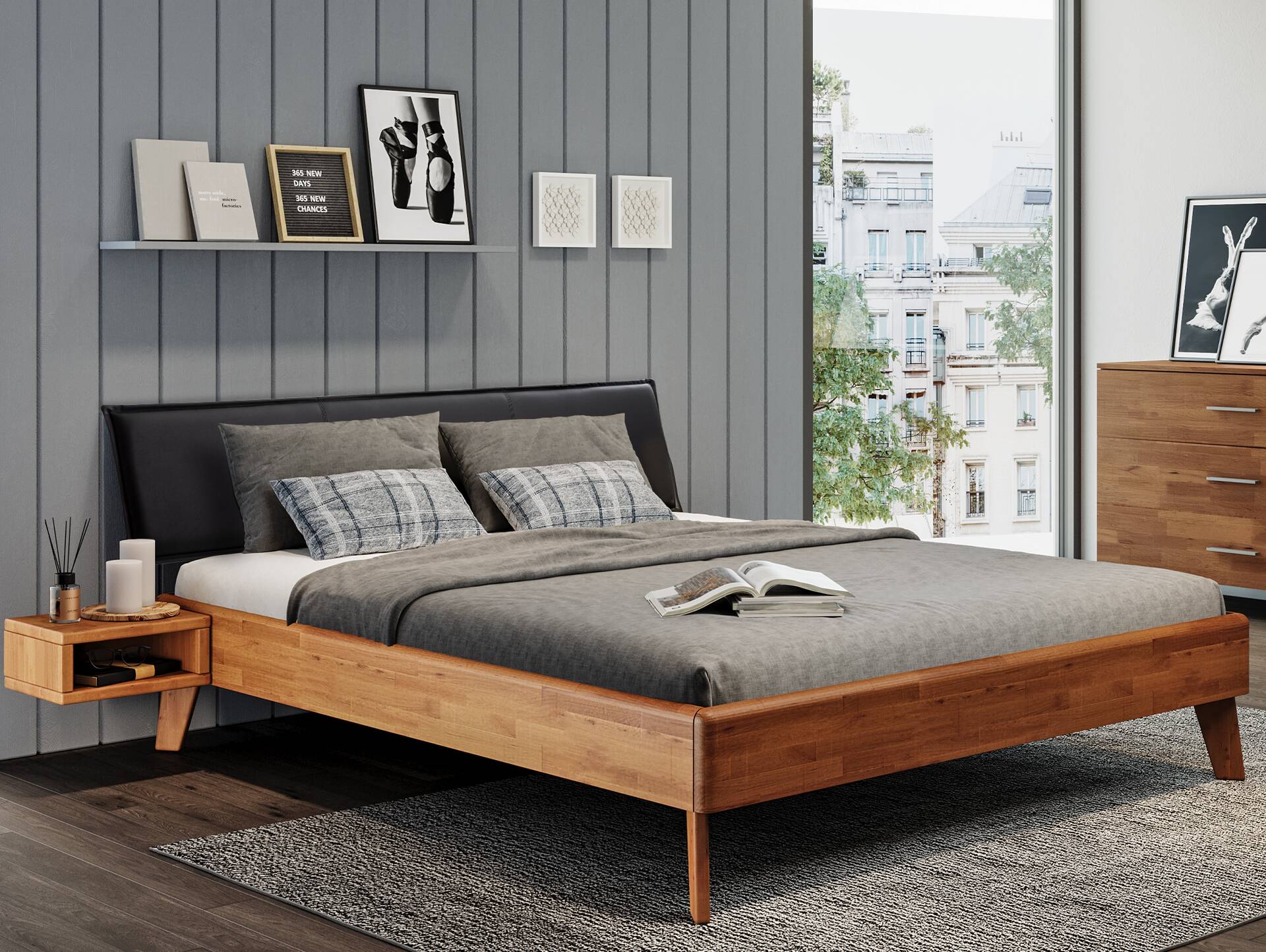 CALIDO 4-Fuß-Bett mit Polsterkopfteil, Material Massivholz 140 x 200 cm | Buche nussbaumfarbig gedämpft | Kunstleder Schwarz | Standardhöhe