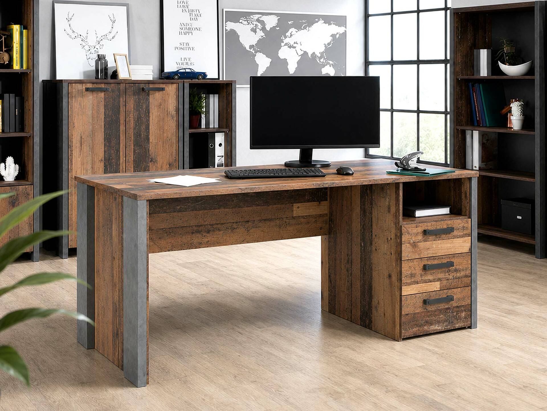 CASSIA Schreibtisch, Material Dekorspanplatte, Breite 160 cm Old Wood Vintage/betonfarbig 