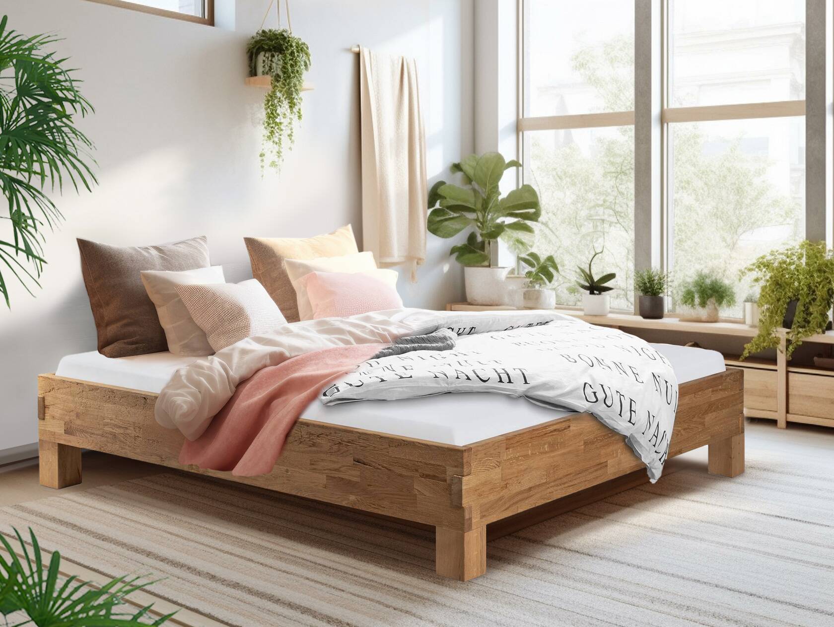 CORDINO 4-Fuß-Bett aus Eiche ohne Kopfteil, Material Massivholz 160 x 220 cm | Eiche unbehandelt | gehackt