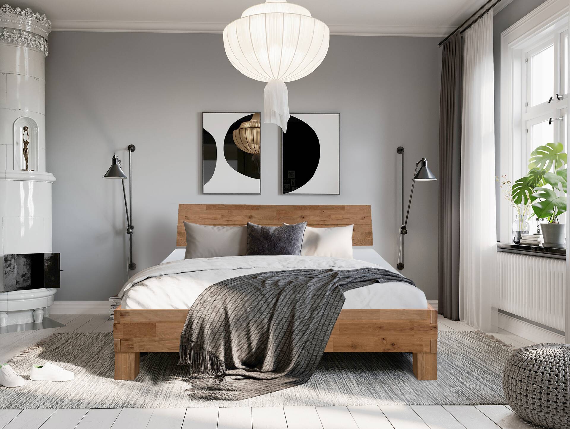 CORDINO 4-Fuß-Bett aus Eiche mit Kopfteil, Material Massivholz 200 x 200 cm | Eiche unbehandelt | gehackt