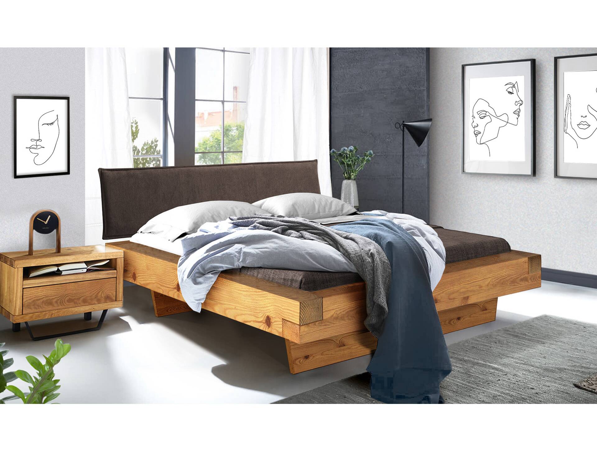 CURBY Balkenbett mit Polsterkopfteil, Wangenfuß, Material Massivholz 140 x 200 cm | natur | Stoff Braun