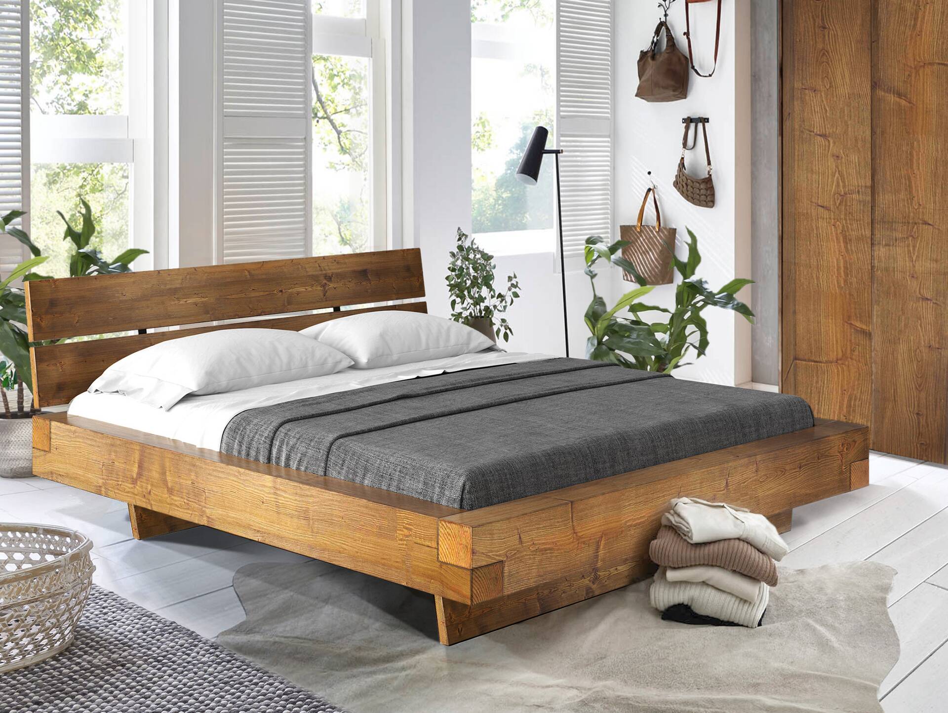 CURBY Balkenbett mit Kopfteil, Wangenfuß, Material Massivholz 140 x 200 cm | vintage