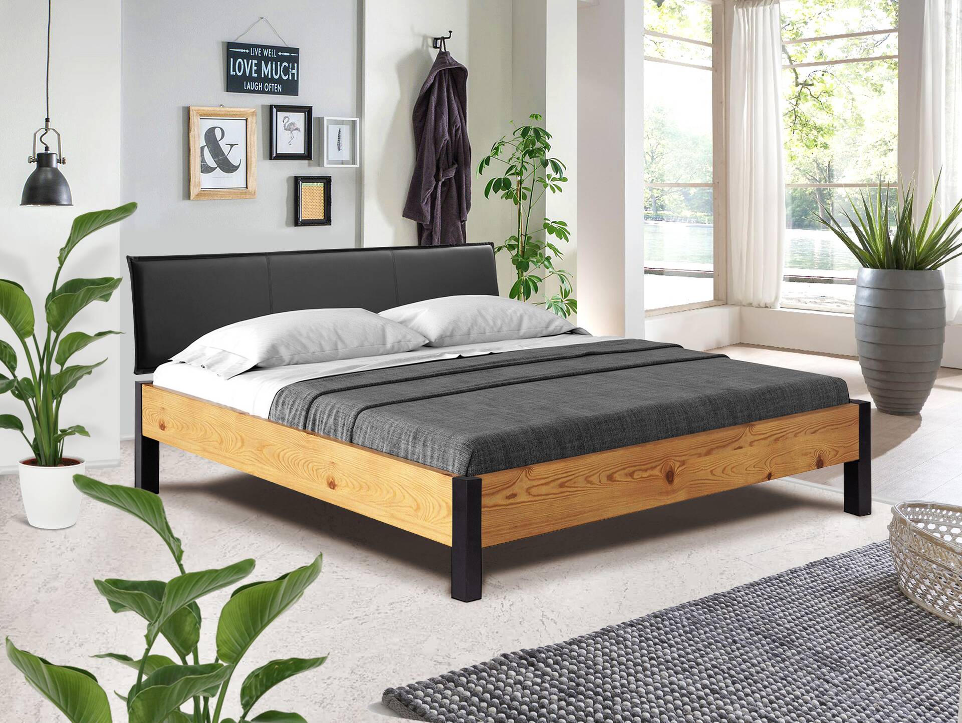 CURBY Bett mit Metallfuß und Polsterkopfteil, Material Massivholz, rustikale Altholzoptik, Fichte 140 x 200 cm | natur | Kunstleder Schwarz ohne Steppung