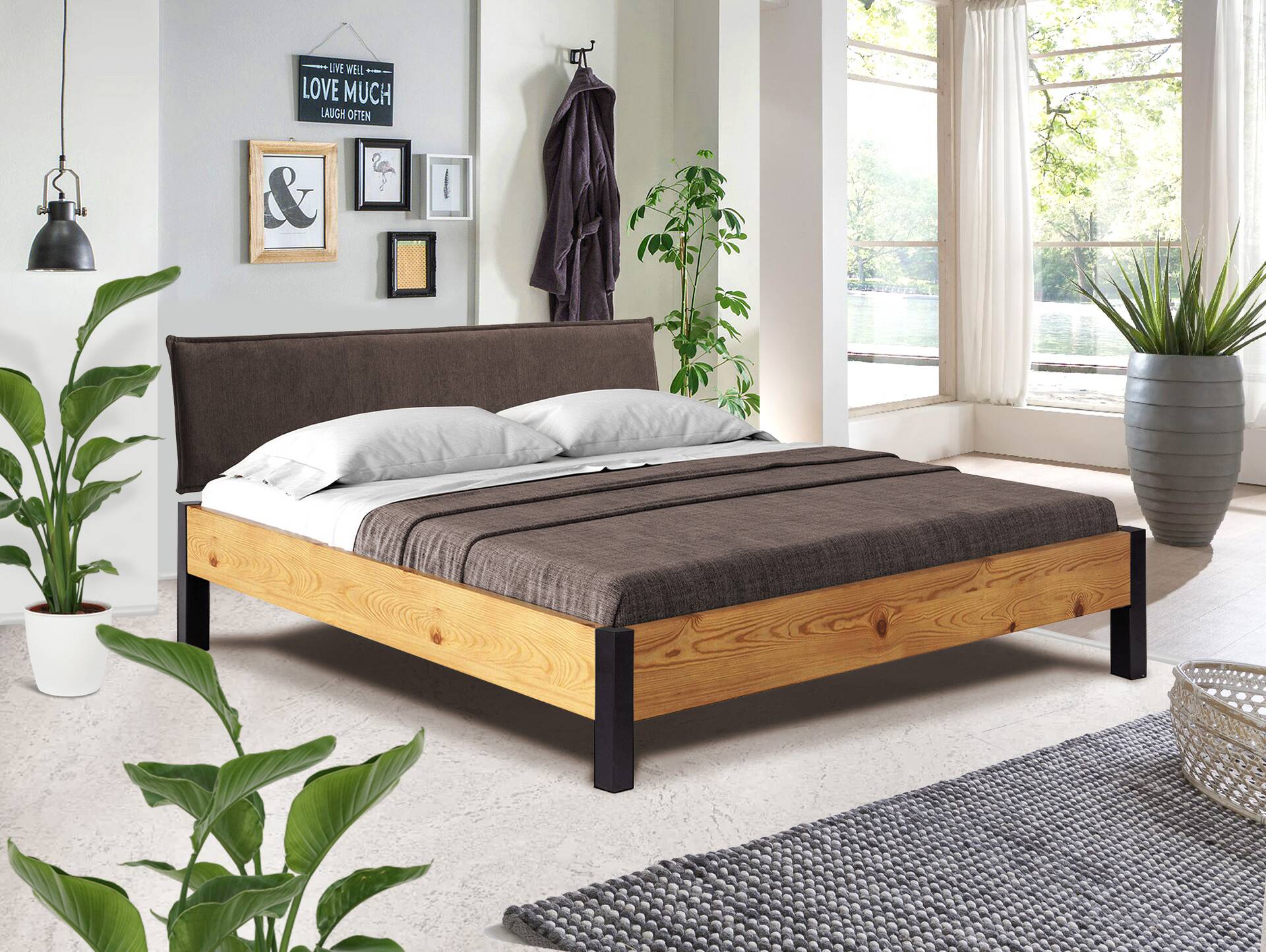 CURBY Bett mit Metallfuß und Polsterkopfteil, Material Massivholz, rustikale Altholzoptik, Fichte 120 x 220 cm | natur | Stoff Braun ohne Steppung