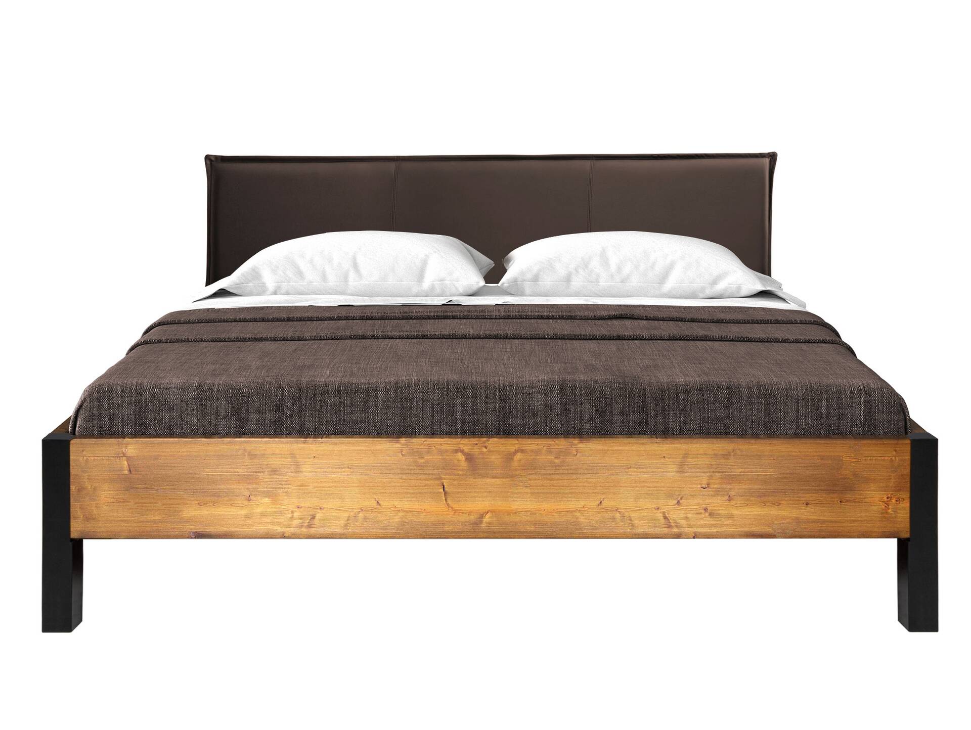 CURBY Bett mit Metallfuß und Polsterkopfteil, Material Massivholz, rustikale Altholzoptik, Fichte 140 x 200 cm | vintage | Kunstleder Braun ohne Steppung
