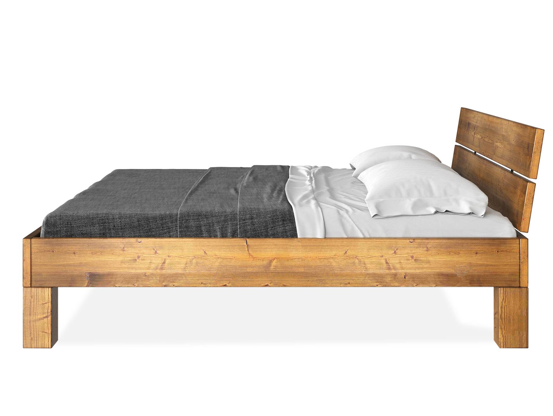 CURBY 4-Fuß-Bett mit Kopfteil, Material Massivholz, rustikale Altholzoptik, Fichte 90 x 200 cm | vintage | Standardhöhe