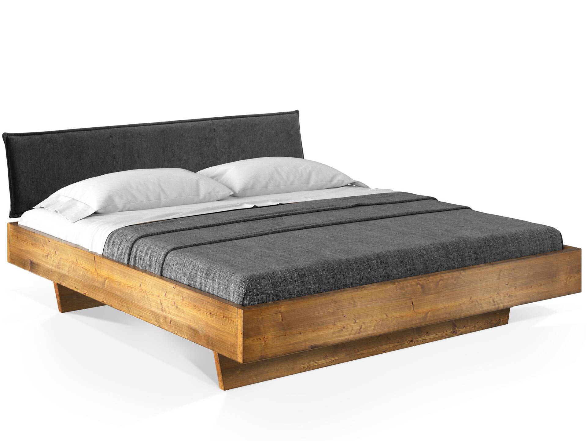 CURBY Wangenbett mit Polsterkopfteil, Material Massivholz, rustikale Altholzoptik, Fichte gebürstet 90 x 220 cm | natur | Stoff Braun ohne Steppung
