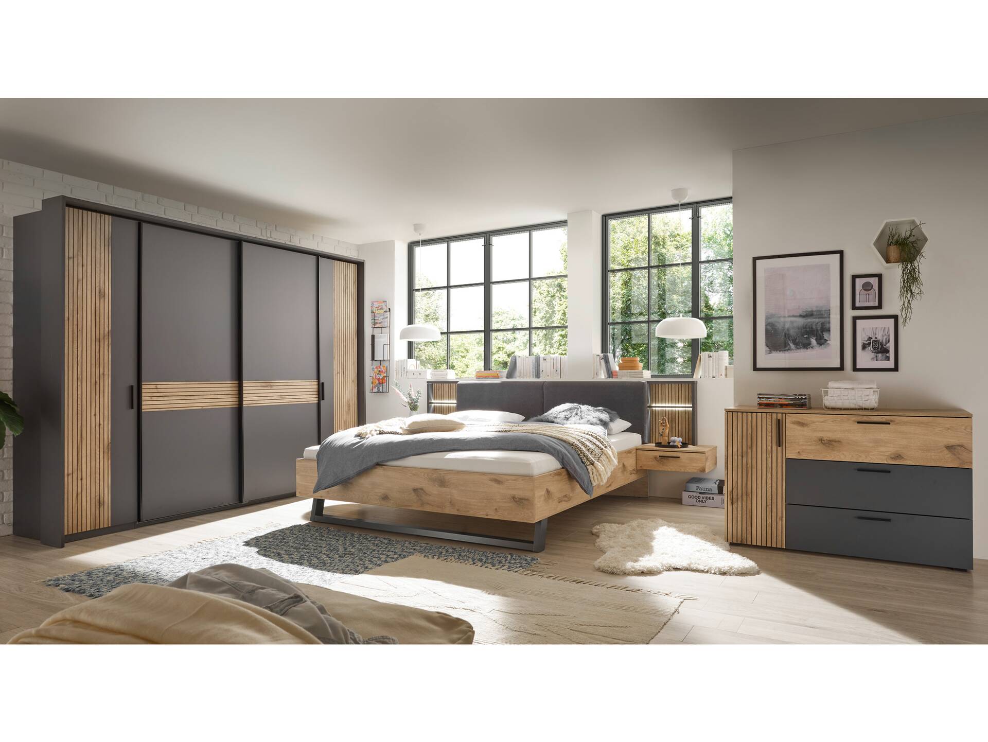 DETROIT Komplett-Schlafzimmer, Material Dekorspanplatte, graphit/Eiche hell Nachb 