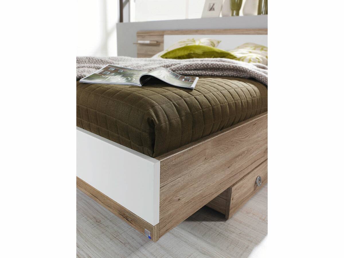 DASTY Doppelbett mit eingefasstem Kopfteil, Material Dekorspanplatte, plankeneichefarbig/schwarz 