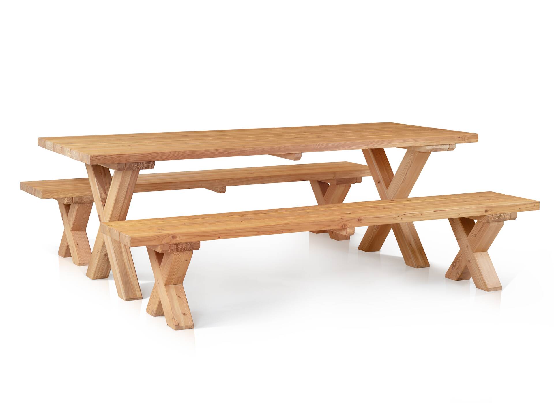 CANCUN PLUS Gartengarnitur mit X-Beinen, Material Massivholz, Lärche 200 cm | Natur | ohne Rückenlehne