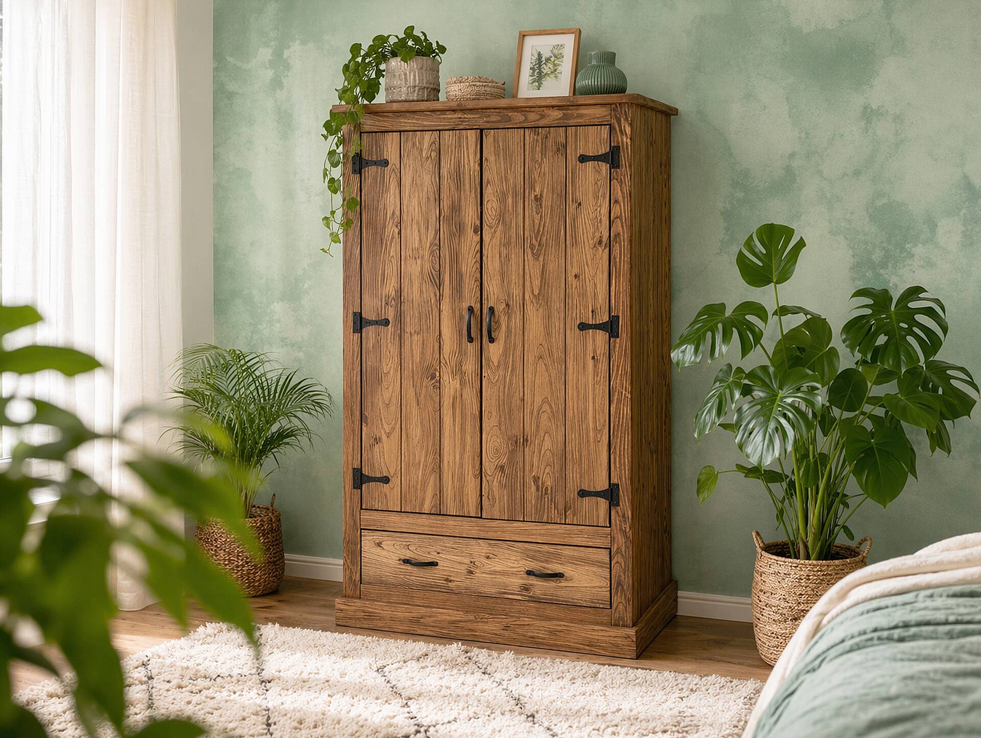 EVERGLADE Kleiderschrank, Material Massivholz, Kiefer eichefarbig 2-türig