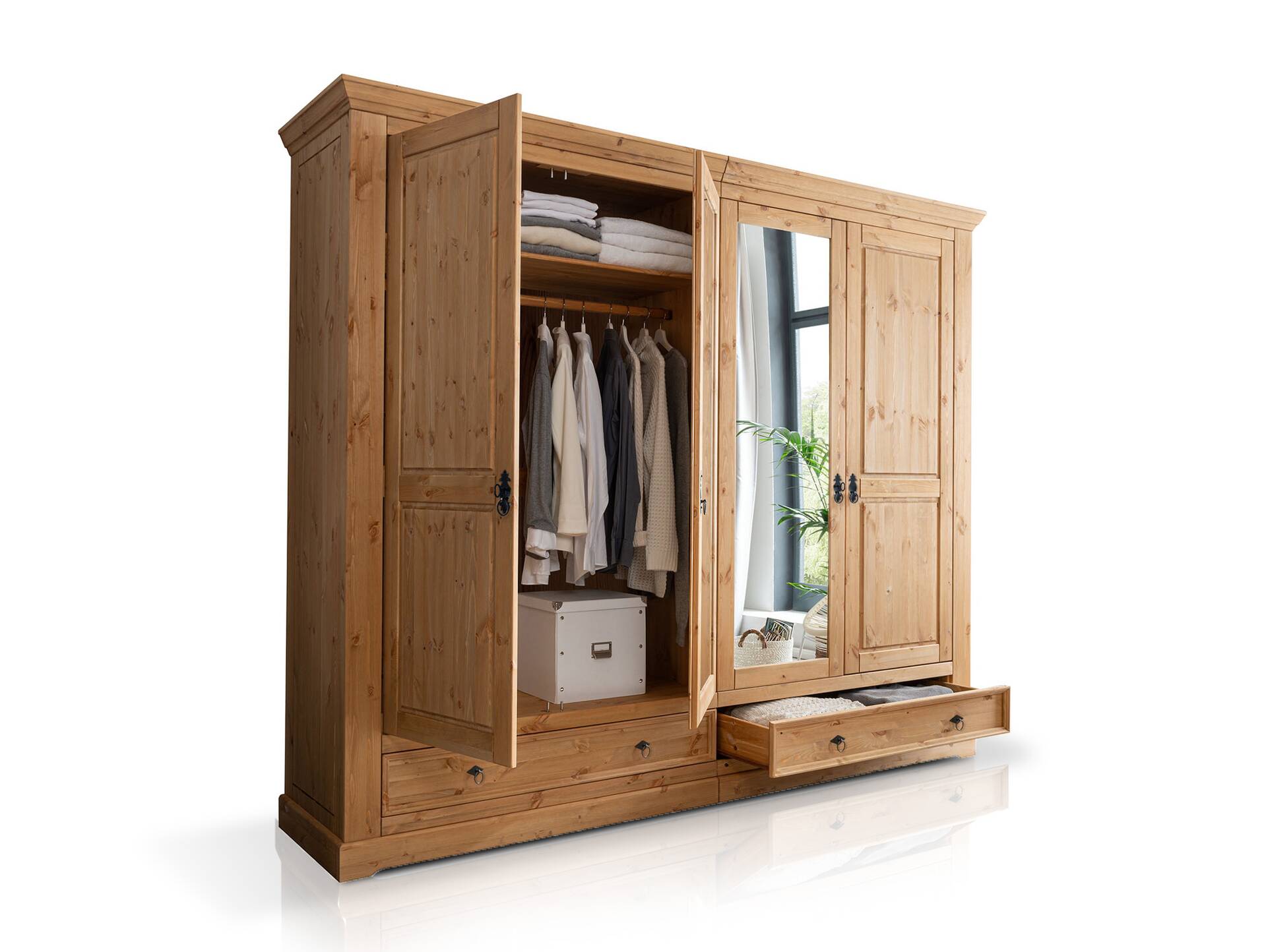 PALERMO Kleiderschrank, Material Massivholz, Kiefer eichefarbig gebeizt 254 cm