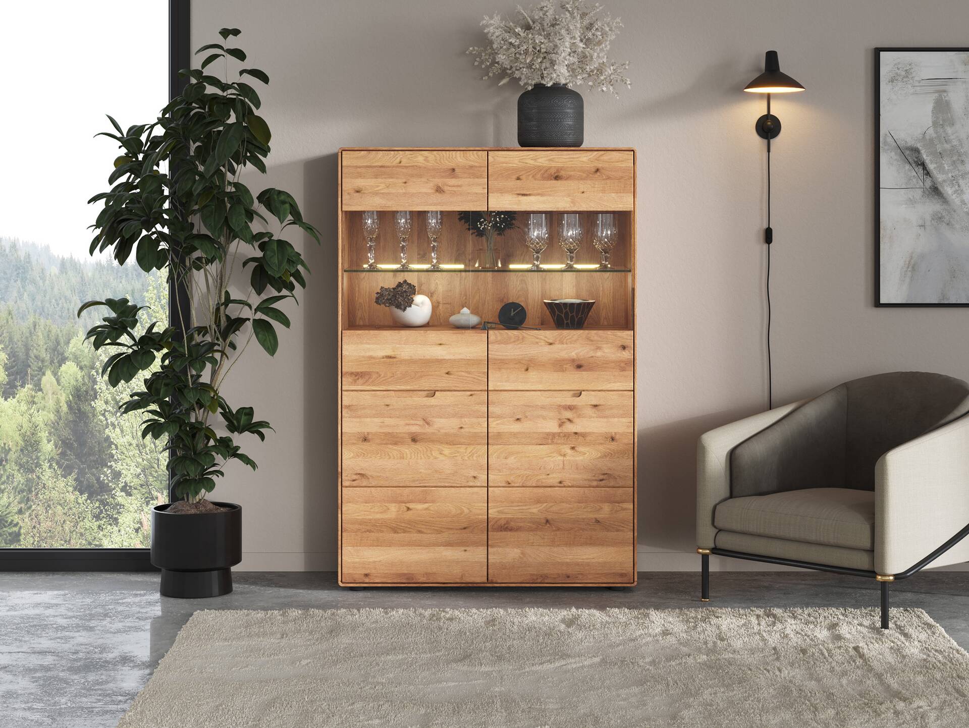ANDINO Highboard II, Material Massivholz, Wildeiche geölt 