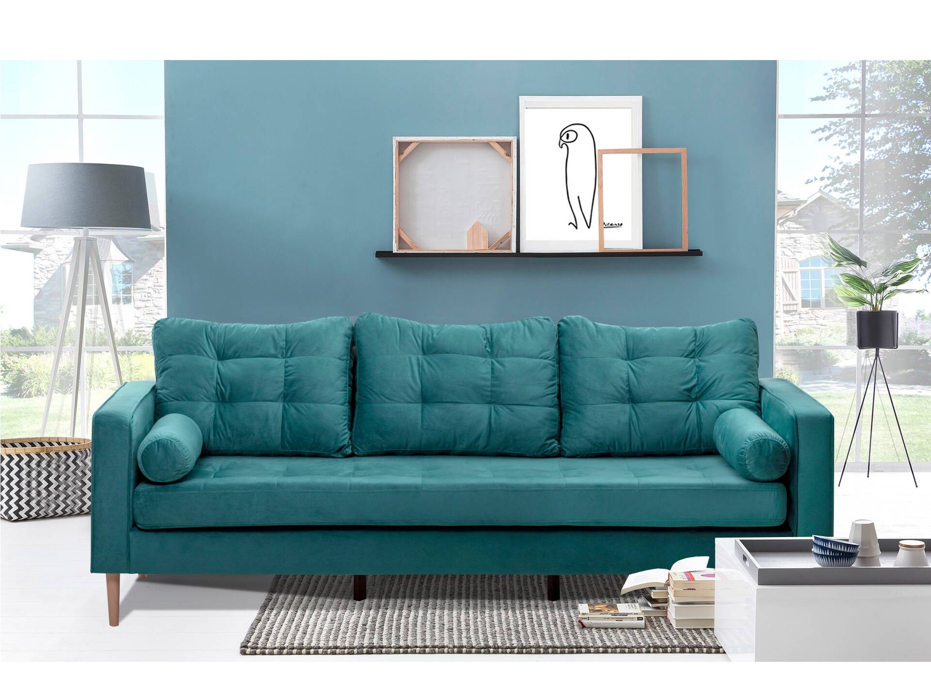 GLAMMI 3-Sitzer Sofa mit Samtbezug, Füße Buche massiv Petrol
