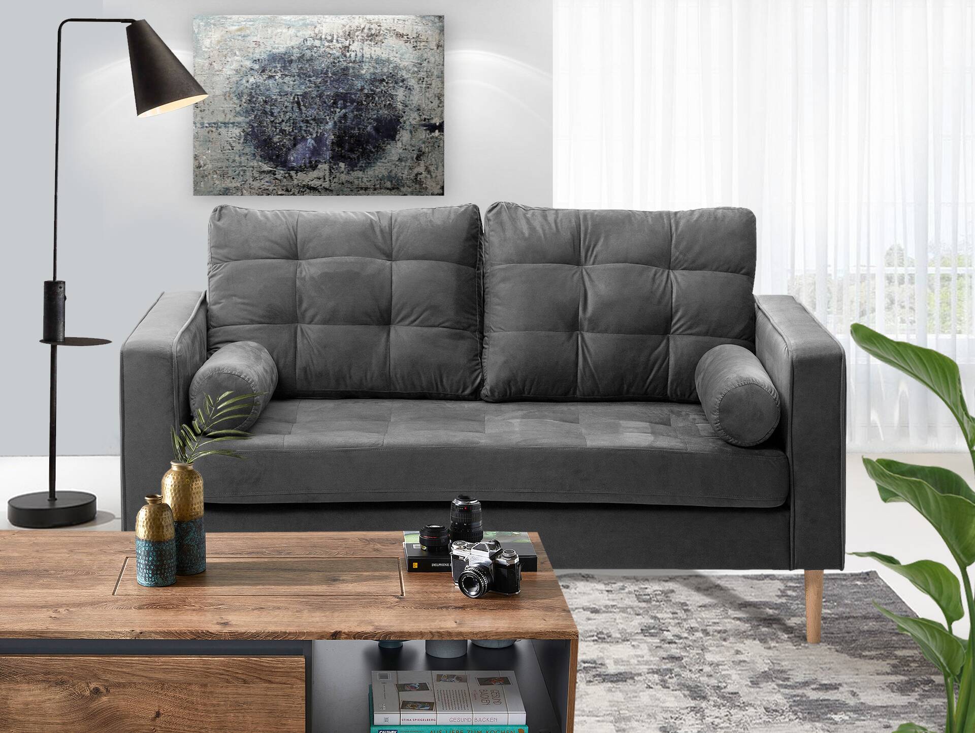GLAMMI 2-Sitzer Sofa mit Samtbezug, Füße Buche massiv Grau