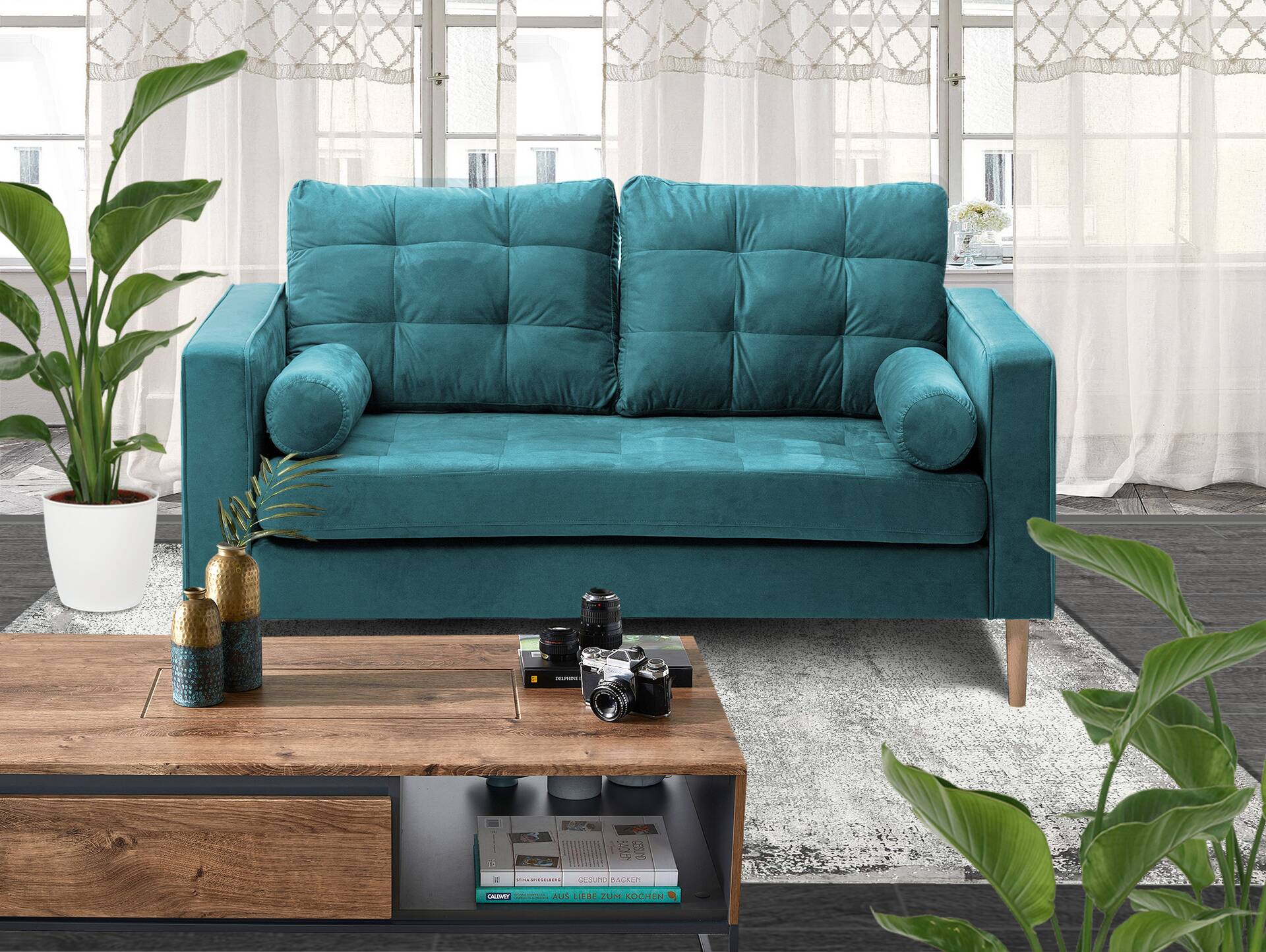 GLAMMI 2-Sitzer Sofa mit Samtbezug, Füße Buche massiv Petrol