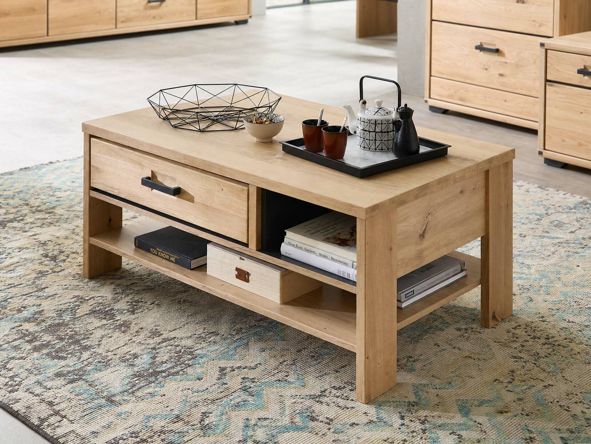 GOJA Couchtisch 110x65 cm, Material teilmassiv, Artisan Wildeiche/graphitfarbig 