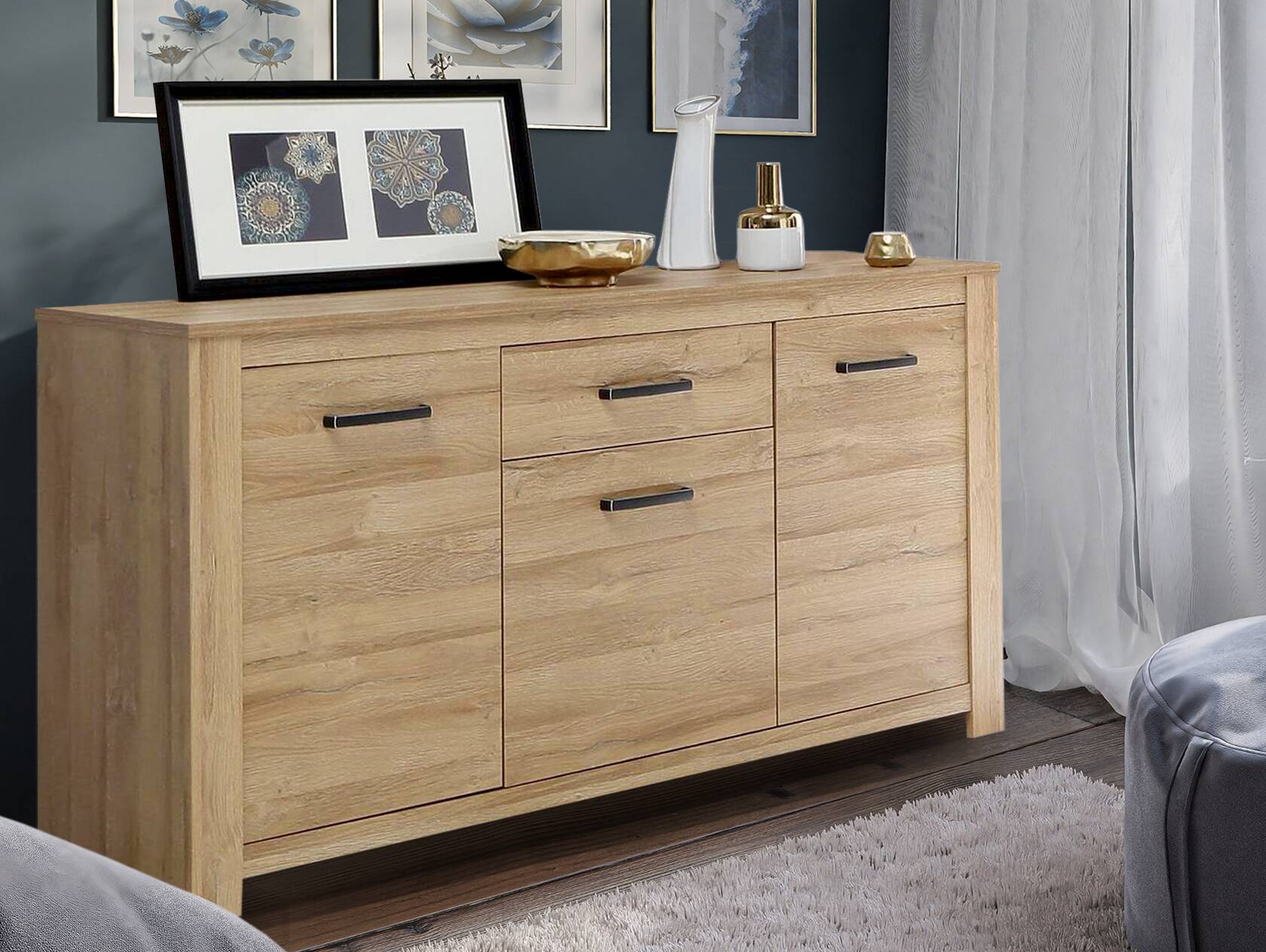 HUDSON Sideboard 3 Türen+1 Schubkasten, Material Dekorspanplatte, alteichefarbig 