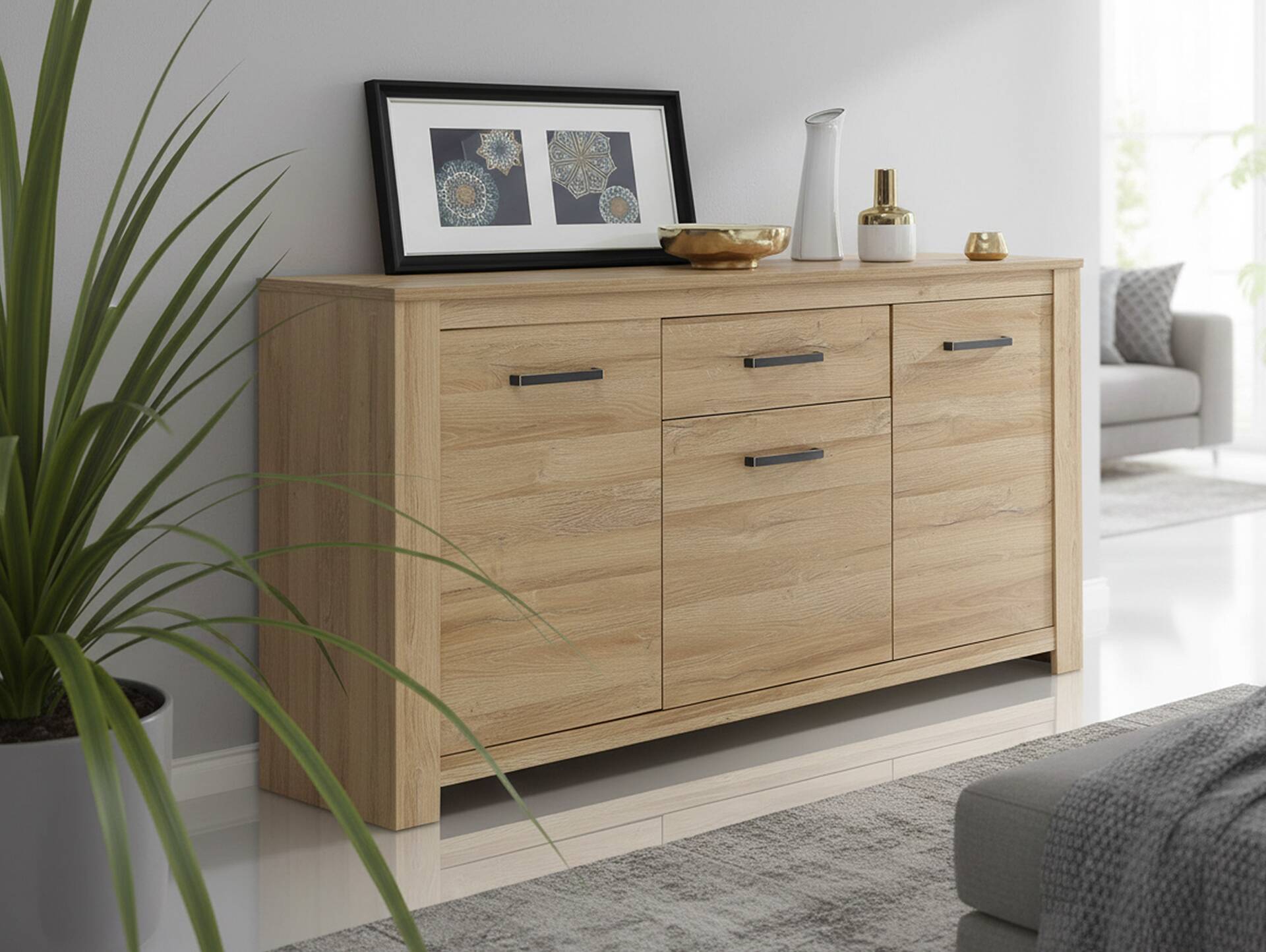HUDSON Sideboard 3 Türen+1 Schubkasten, Material Dekorspanplatte, alteichefarbig 