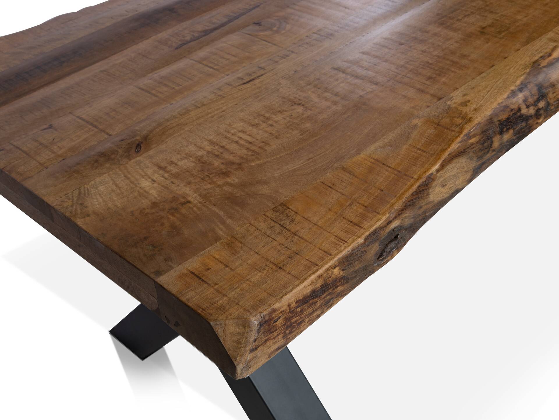 LIVERNA Esstisch mit Baumkante, Material Massivholz, Metallgestell schwarz 160 x 90 cm | Mango