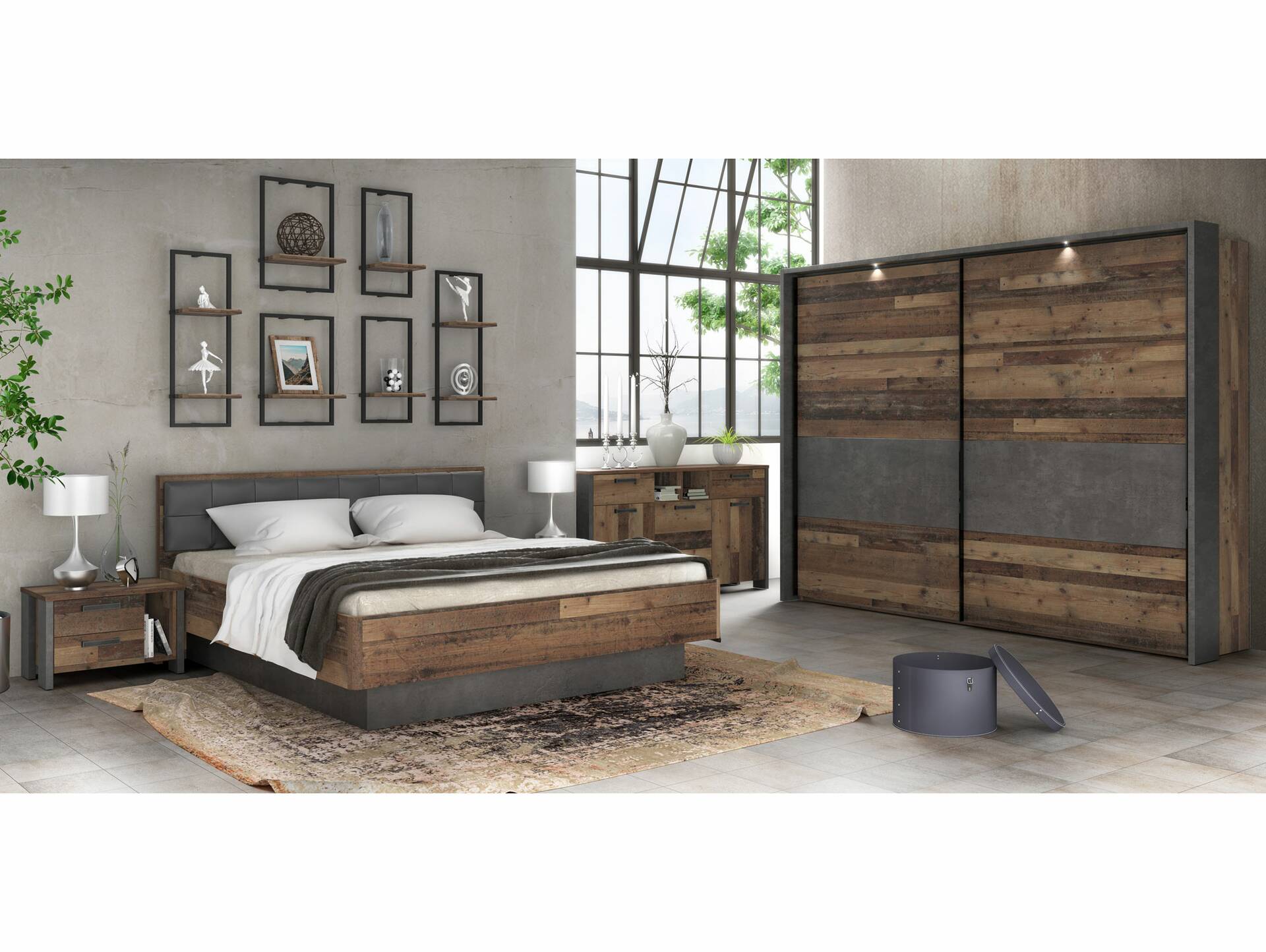 CASSIA Komplett-Schlafzimmer, Material Dekorspanplatte, Old Wood Vintage/betonfarbig 