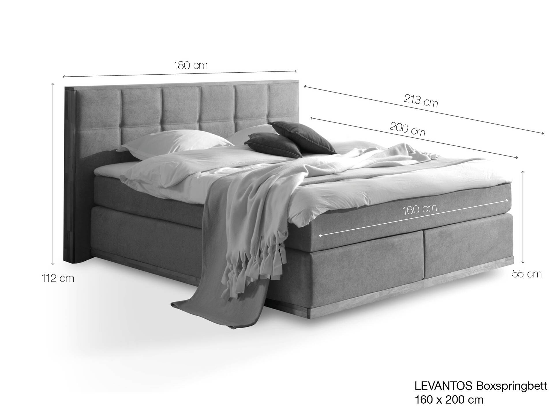 LEVANTOS Boxspringbett, Mix aus massiver Eiche und Velourgewebe 160 x 200 cm | grau | Härtegrad 2+4